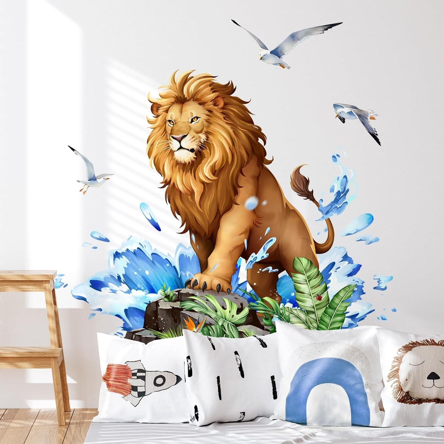 Lion Wall Decals Safari Animal Wall Sticker with Leaves Waves | Peel and Stic…