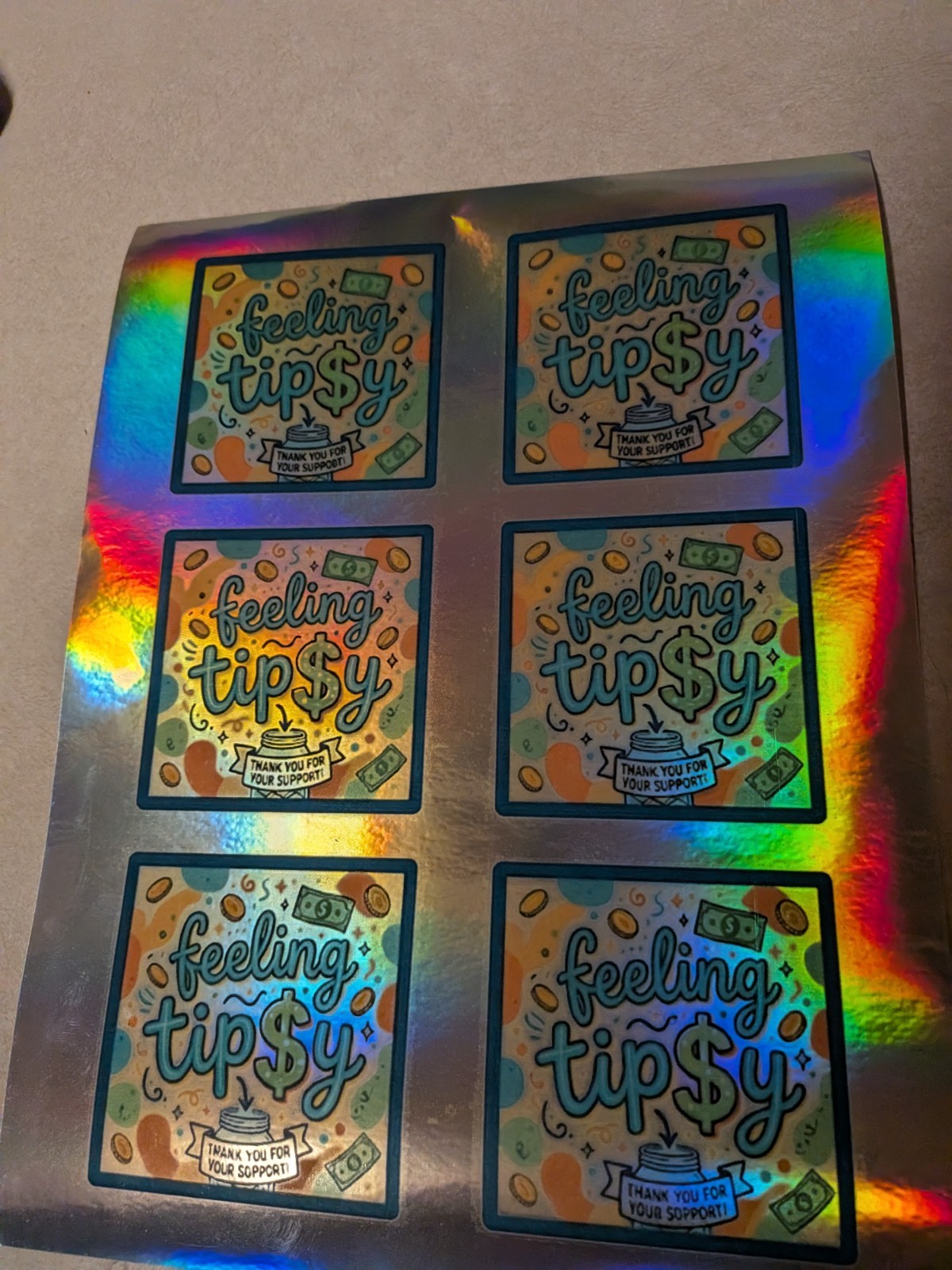 Holographic Feeling Tipsy Sticker Sheet | Tip Jar Stickers Bartender Server Six