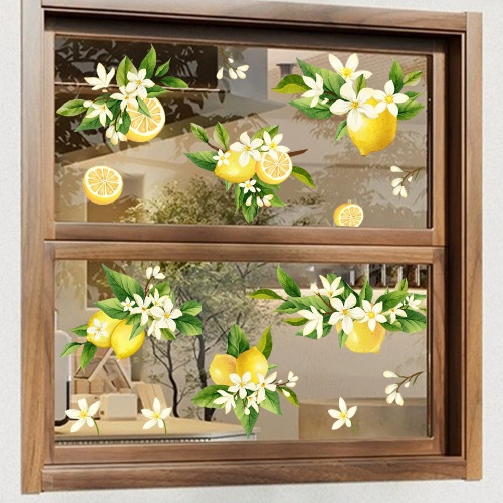 Static Cling Decal Yellow Lemon and Floral Branch for Kitchen Living Room Decor