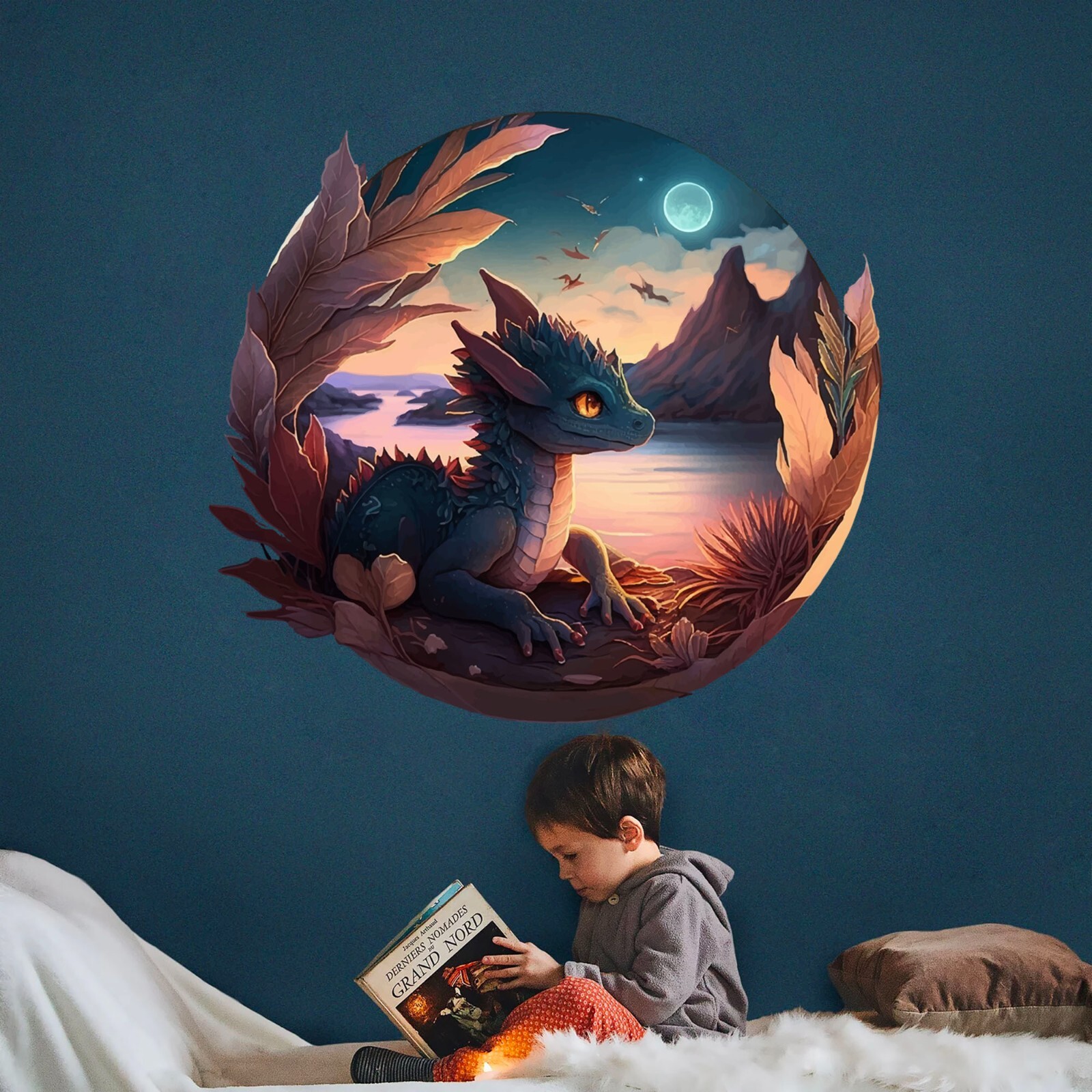 Baby Fairytale Dragon Moon Night Sky Dinosaur nursery wall decal sticker