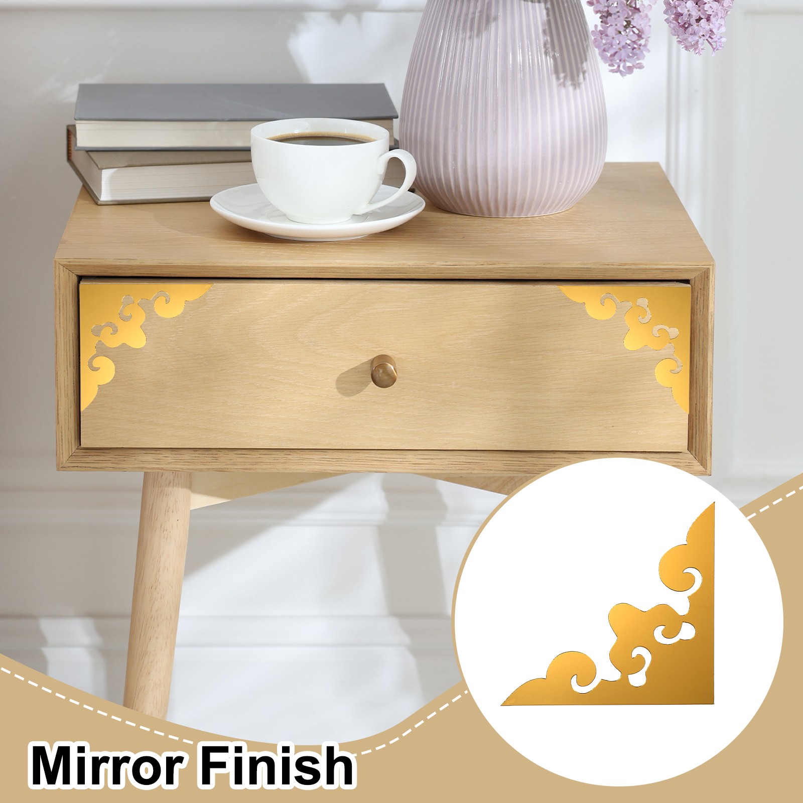 8Pcs Corner Decorative Pattern Hollow Mirror Wall Stickers(Dark Gold, 4×4")