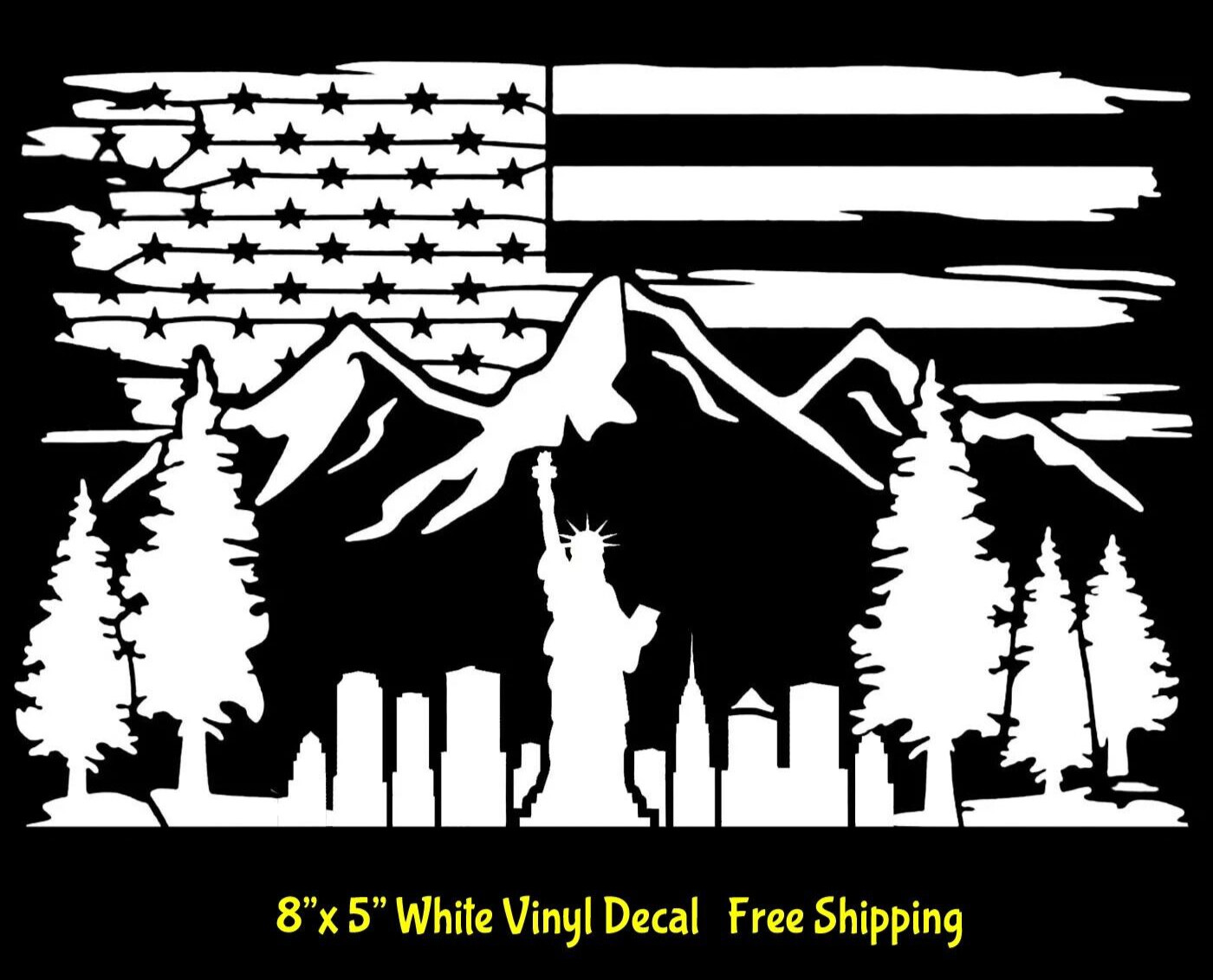 American Flag Liberty Patriotic Cityscape Mountain Range 8" White Vinyl Decal