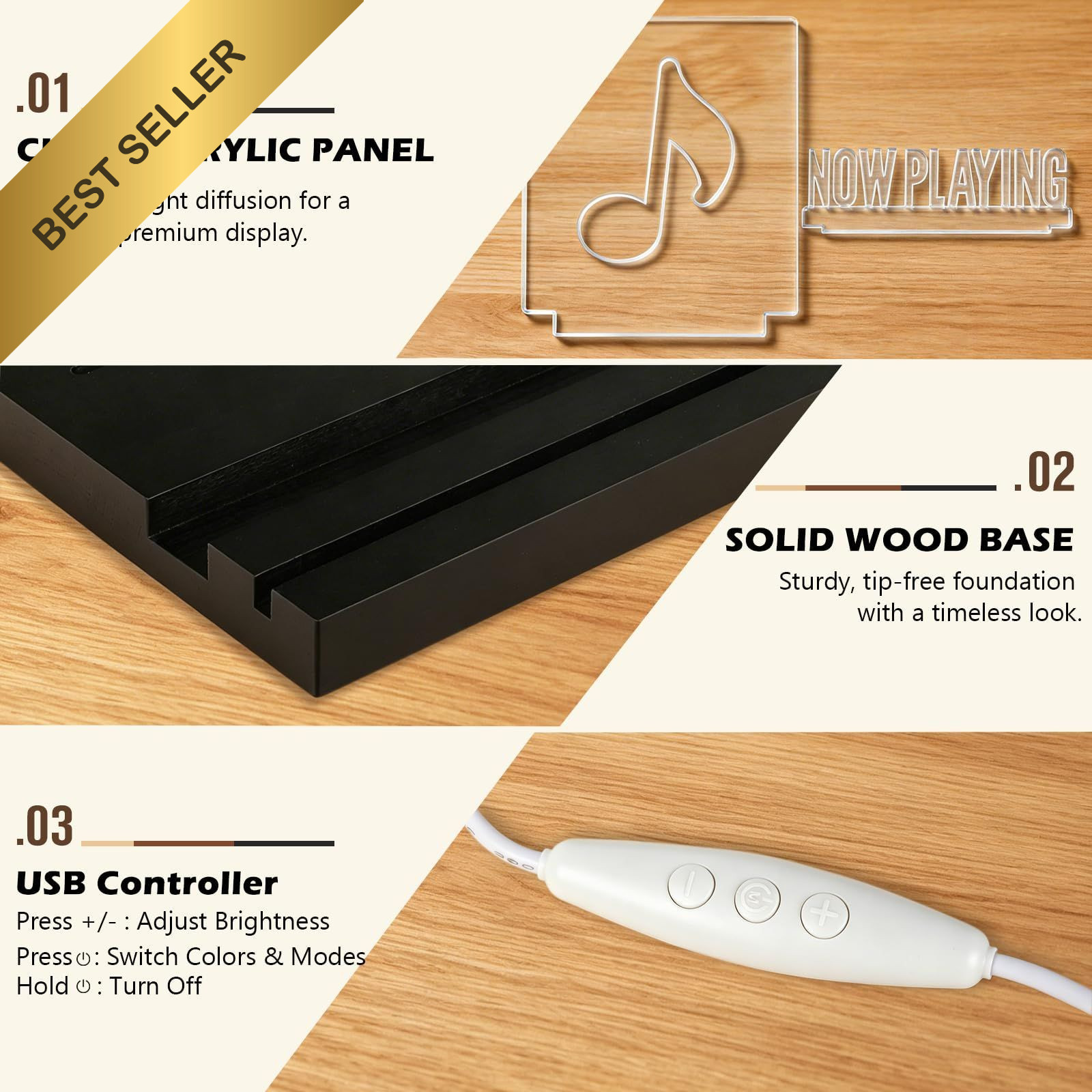 Now Playing Vinyl Record Stand LED Light Wood Album Display Holder Acrylic Sign