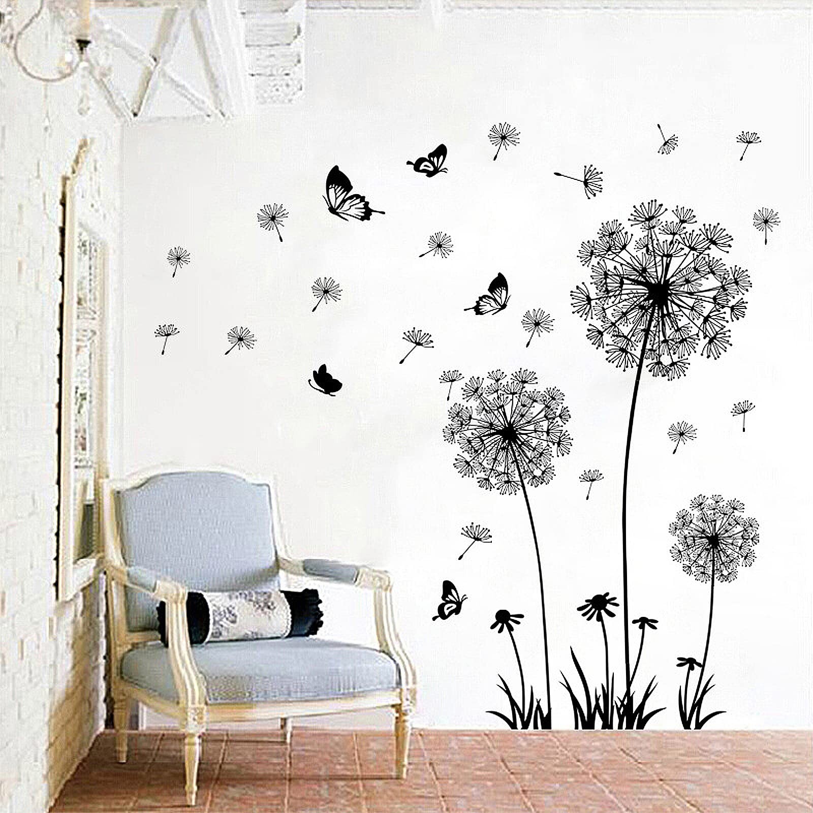 Black and White Dandelion Butterfly Wall Stickers,Creative Peel and Stick Vin…