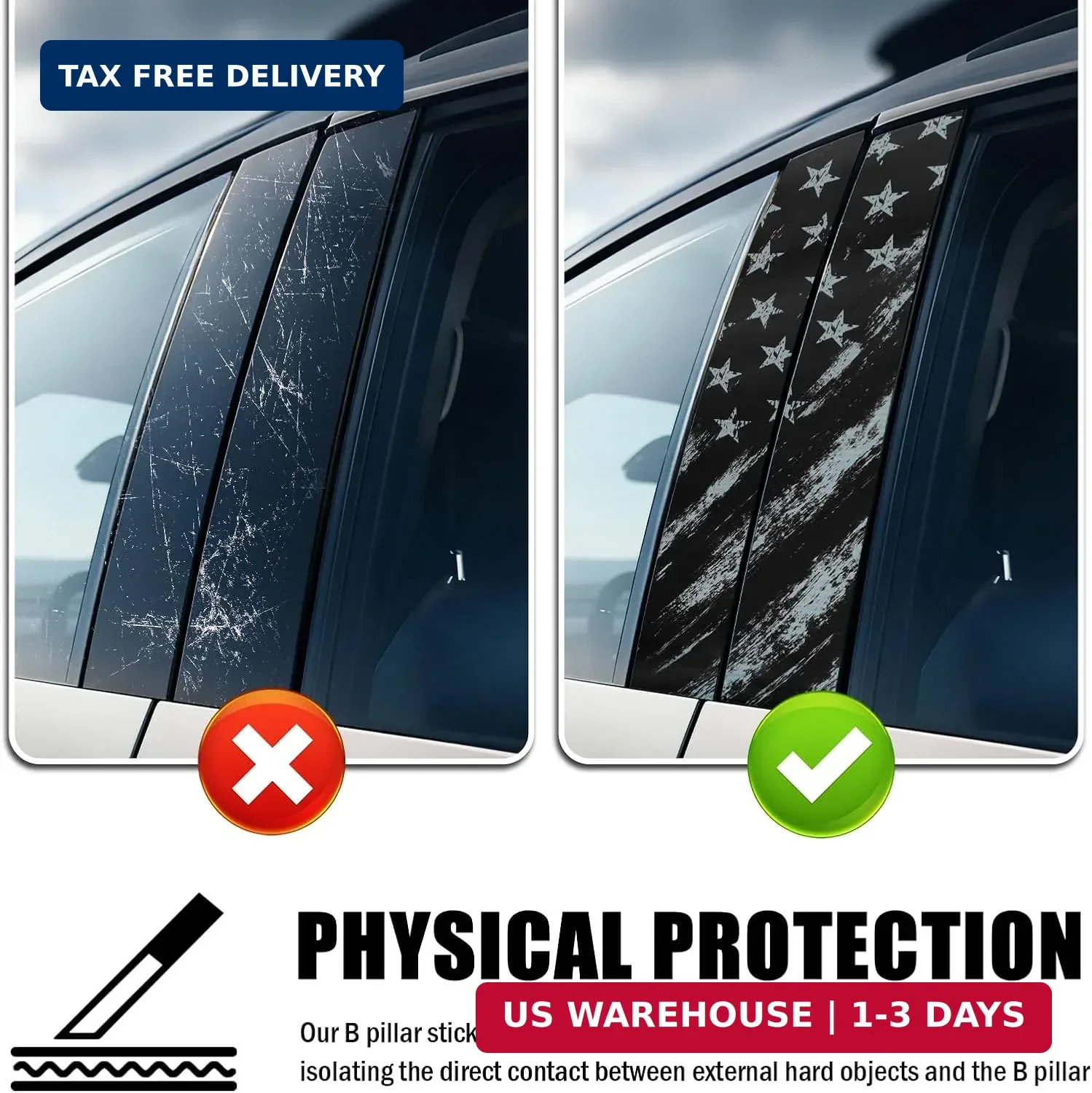 2PCS Extended American Flag Car B Pillar Sticker Decal,Retro Car Pillar Decals f