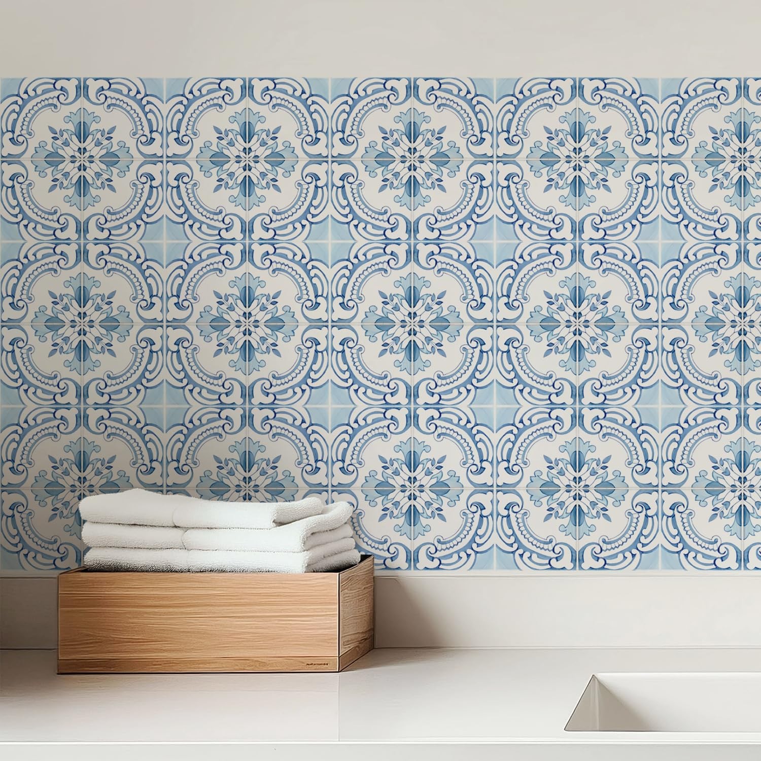 16 Pack, 5.9 Inch Vintage Tile Stickers, Ornate Blue and White Peel and Stick…