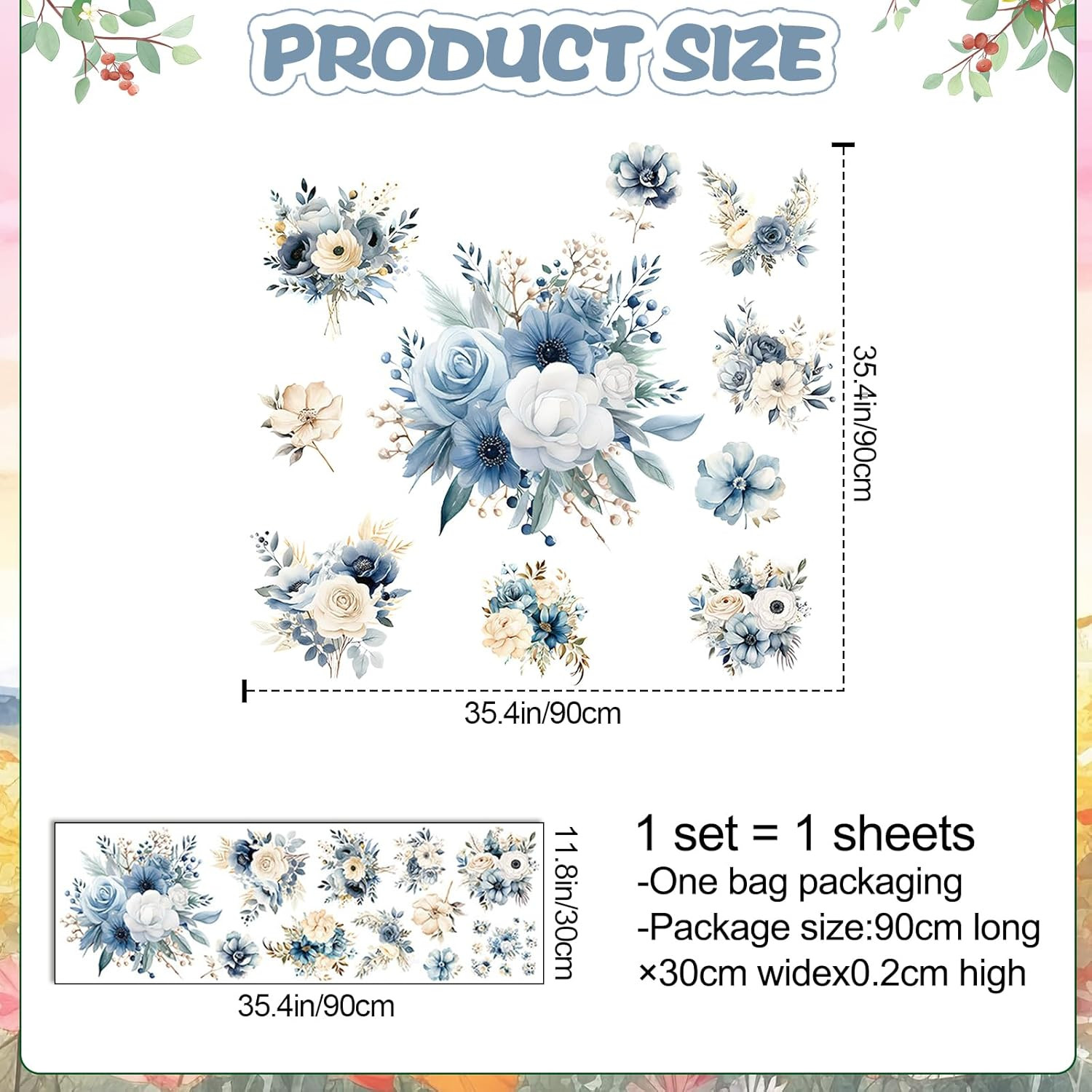 Blue Peony Flower Wall Decals Peel and Stick Rose Leaf Botanical Wall Stickers R