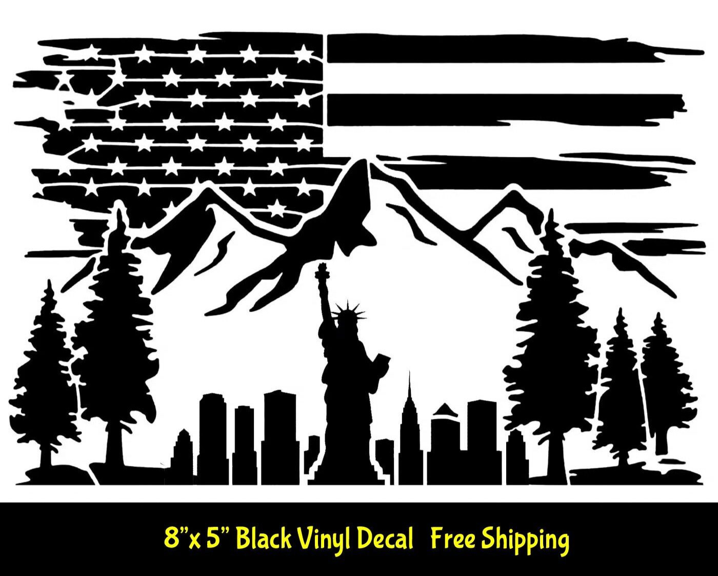 American Flag Liberty Patriotic Cityscape Mountain Range 8" Black Vinyl Decal