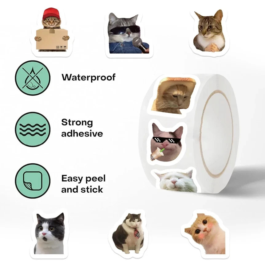 500pcs Roll Funny Cat Meme Stickers Waterproof Cartoon Graffiti Decals – NEW