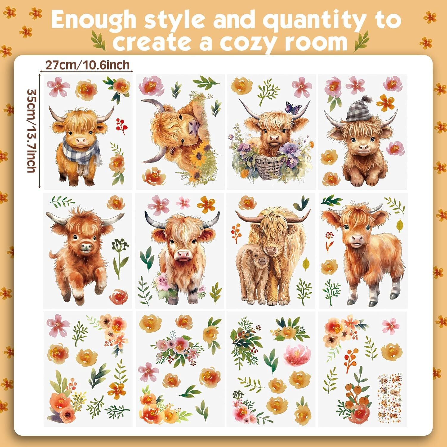 12 Sheet 78 Pcs Highland Cow Wall Decals Baby Wall Decals Highland Cow Sticke…