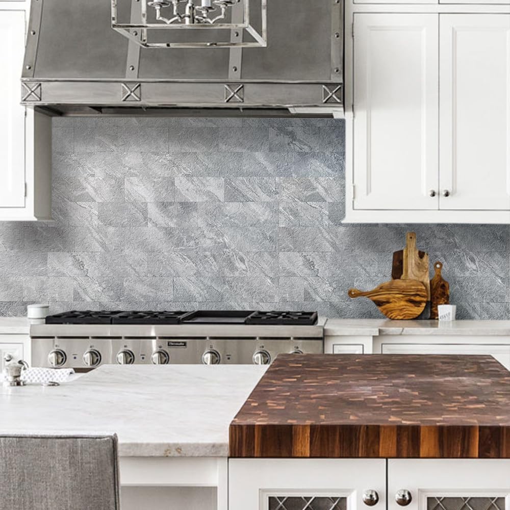 100-Piece Peel and Stick Backsplash Wall Tiles, 3" x 6" PVC Grey Marble Faux …