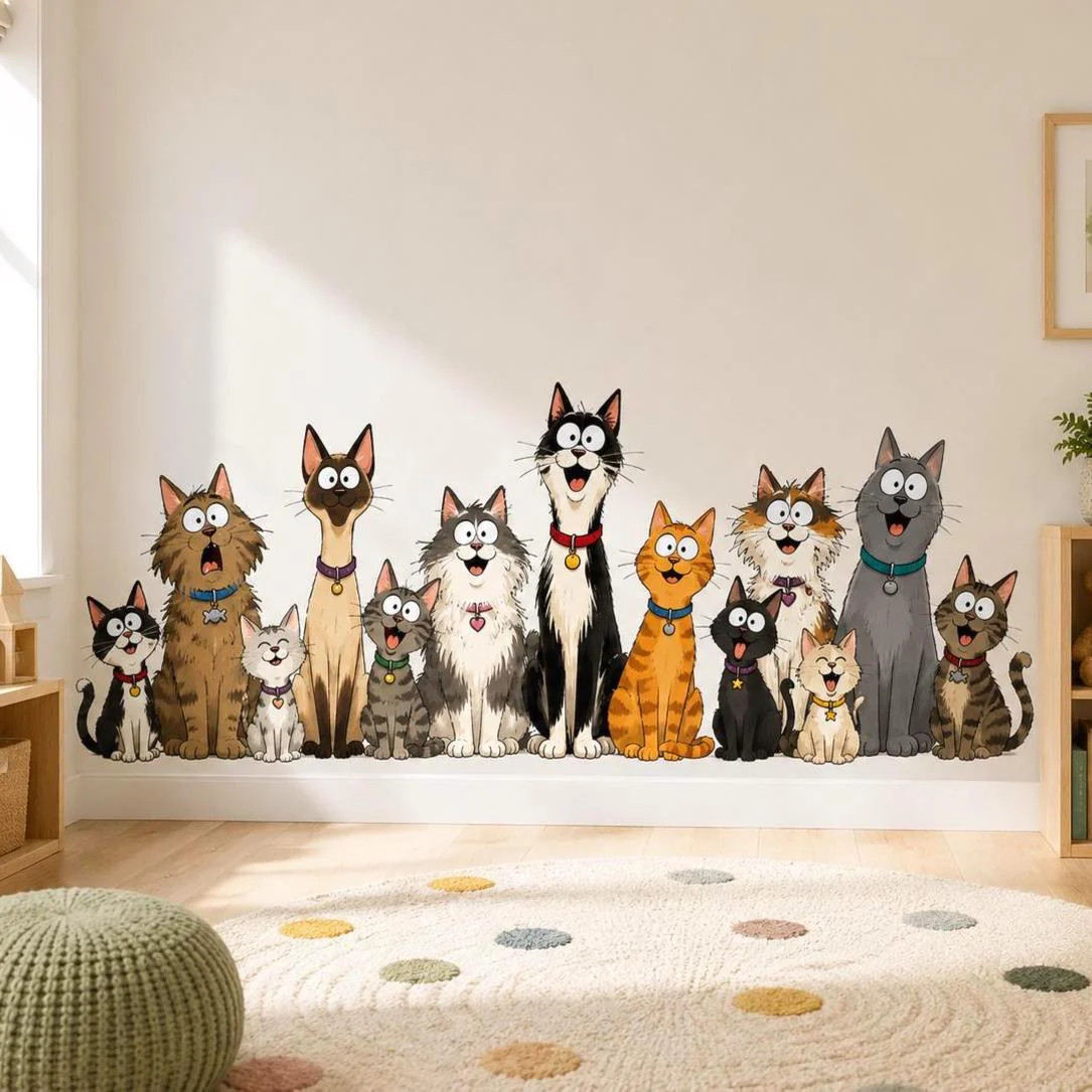 Funny Cat Group Wall Vinyl Decal | Cartoon Kittens Lineup Sticker