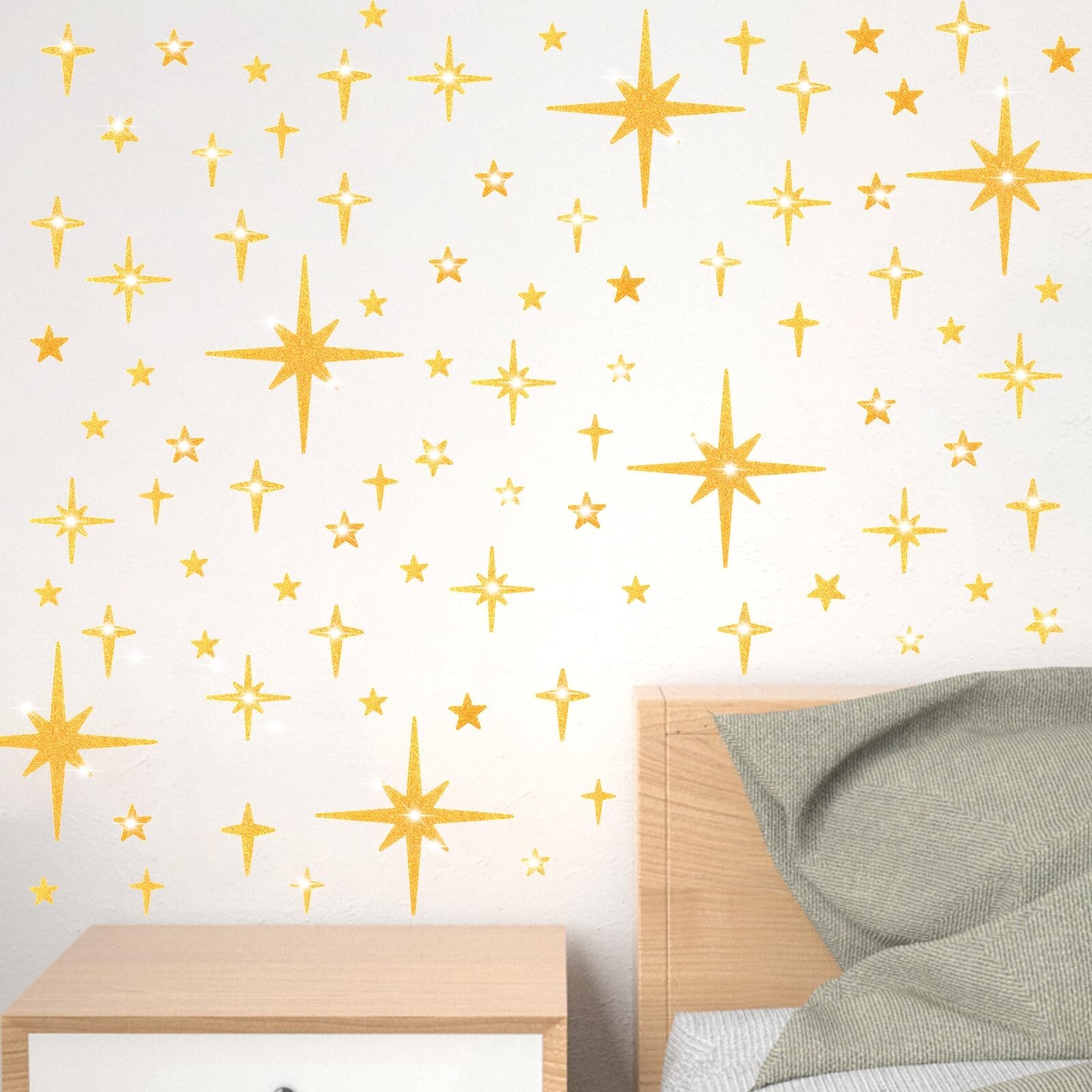 AOWDIAO Glitter Gold Star Peel and Stick Wall Decals – 120 Pcs, Assorted Shap…