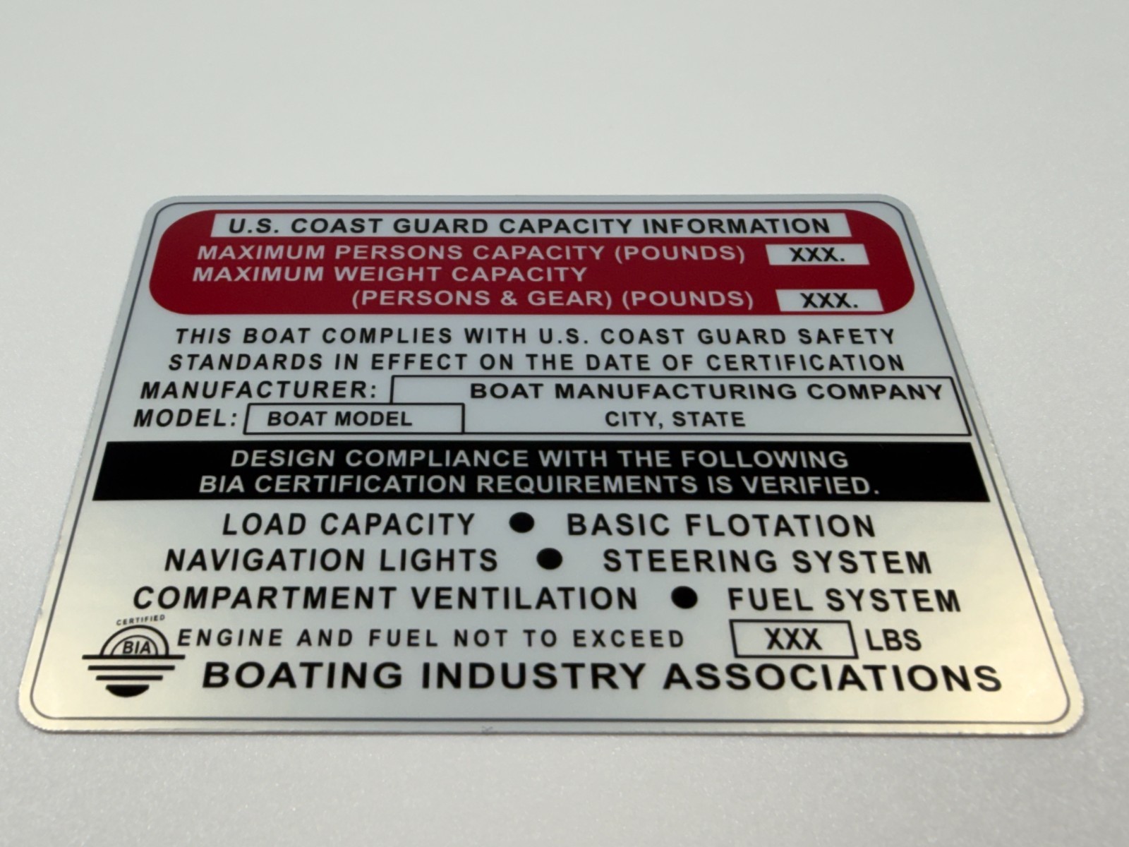Custom Vintage Boat Capacity Plate Sticker Replacement Decal 4×3 Silver