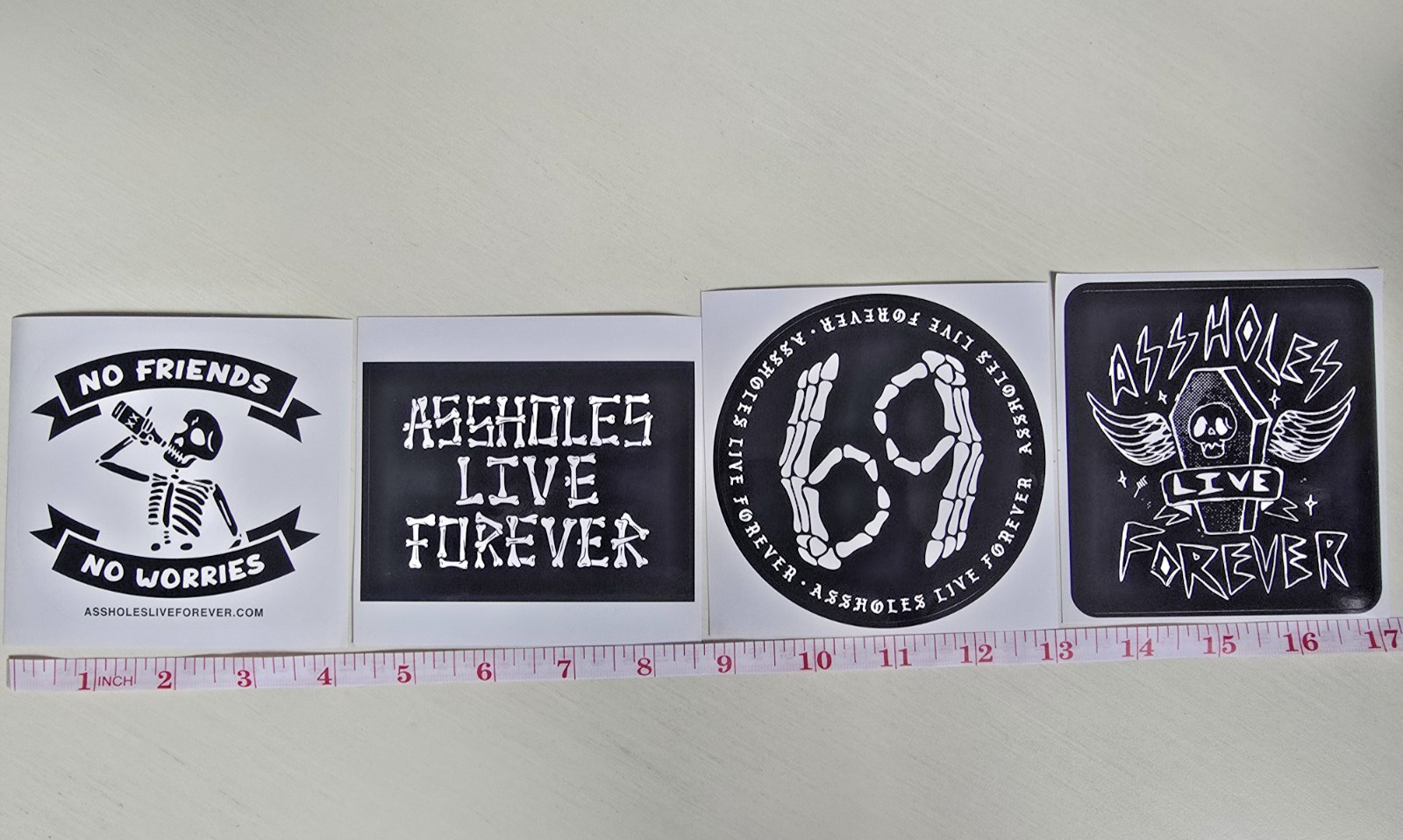 Assholes*s Live Forever ALF Stickers Pack of 4 – Skull Bones 69 B&W LOGO Decals