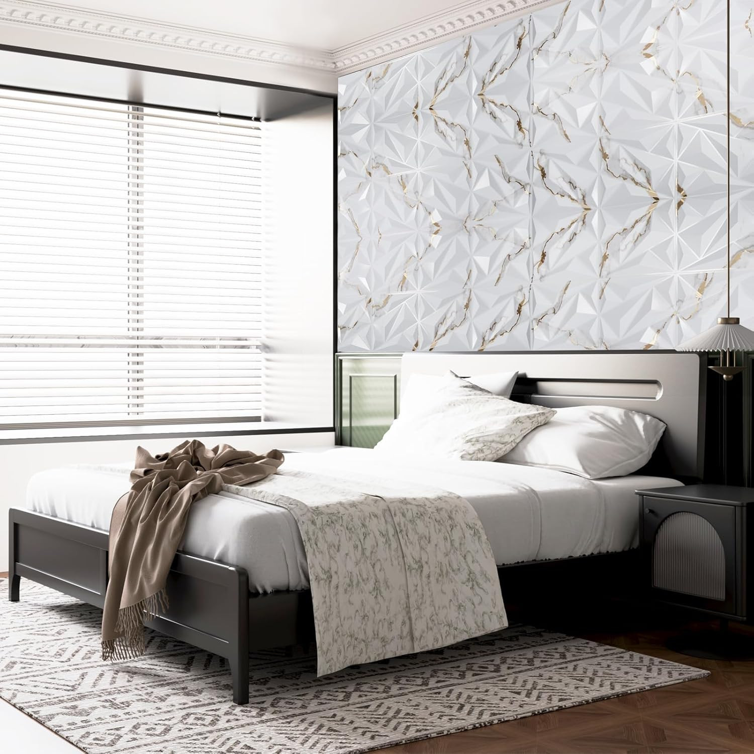 33 Pack 3D Diamond Wall Panels – Gold Veined White PVC Décor, 32 Sq.Ft.