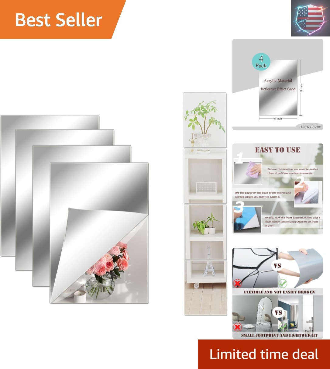 8×6 Inches Self Adhesive Acrylic Mirror Tiles 0.2mm Waterproof Flexible Mirro…