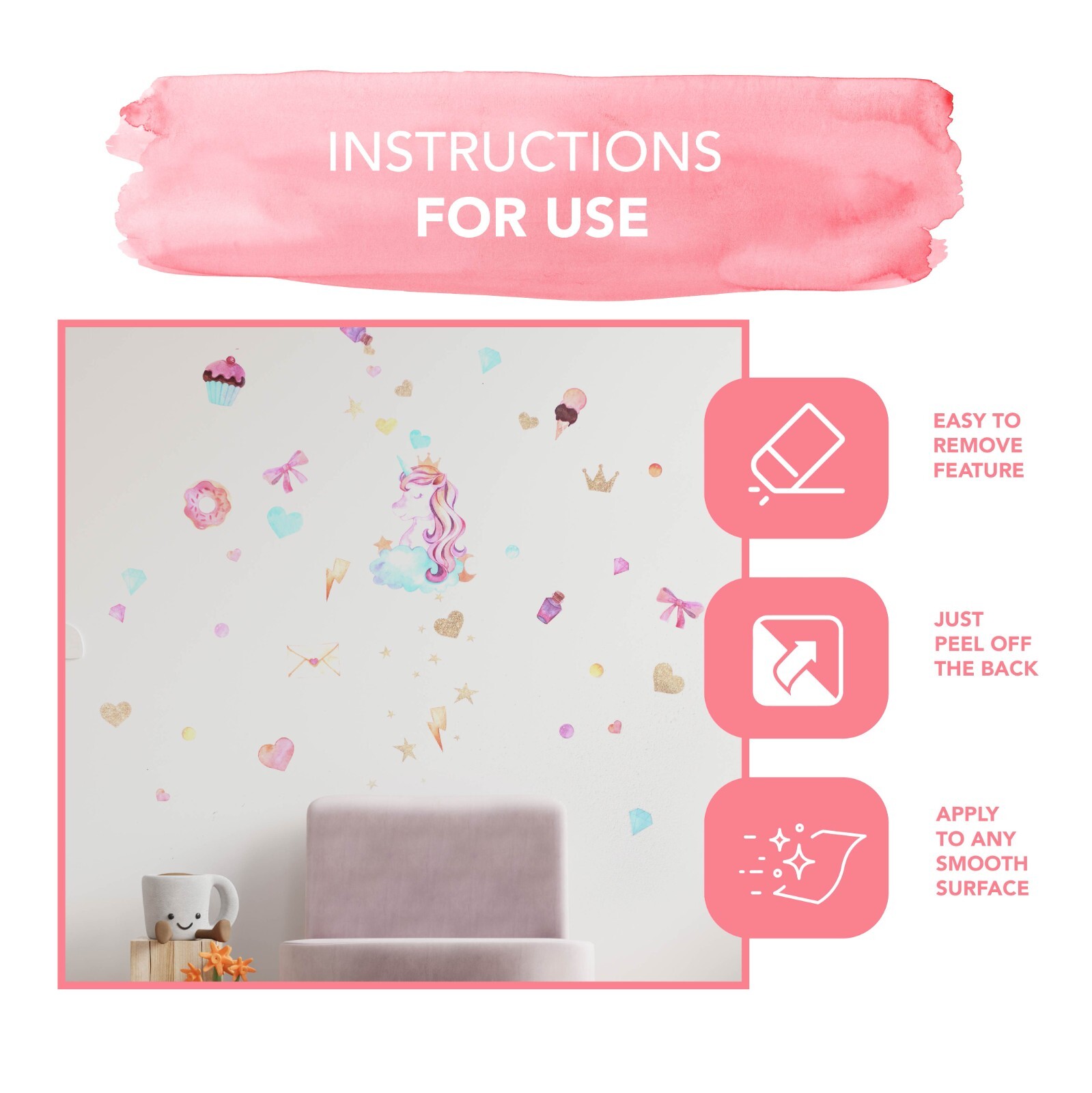 Unicorn Wall Art Decals Gift Girls Kids Room Décor Stickers Bedroom 48pc
