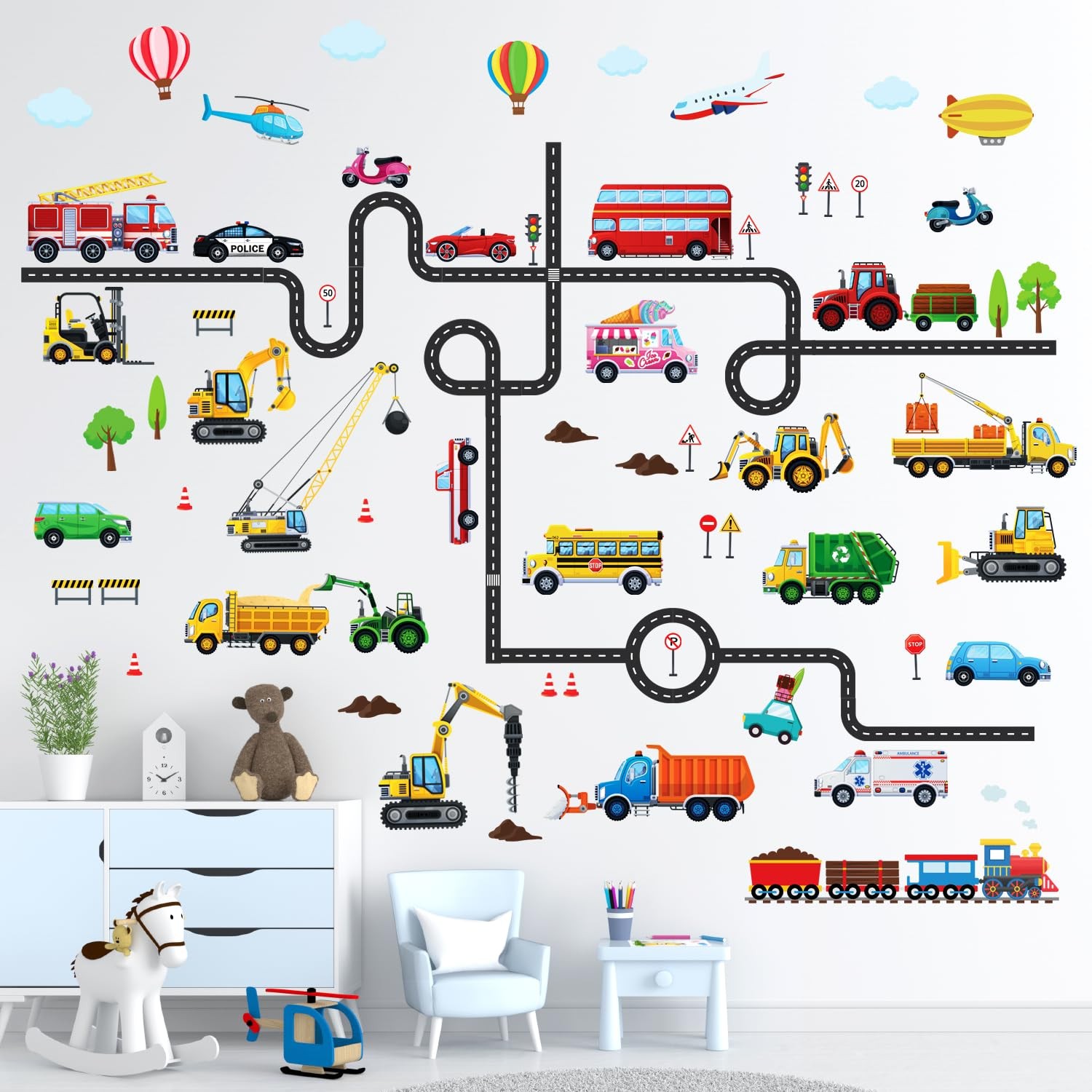 Vehicles and Roads Wall Stickers Decals Transports Peel and Stick Removable N…
