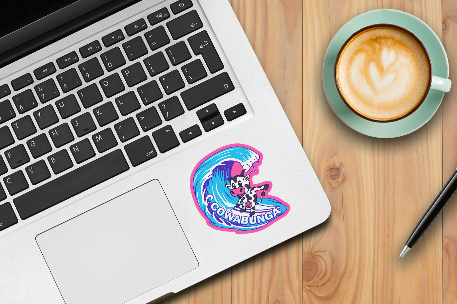 Cowabunga Sticker with Surfing Cow – Funny Animal Decal