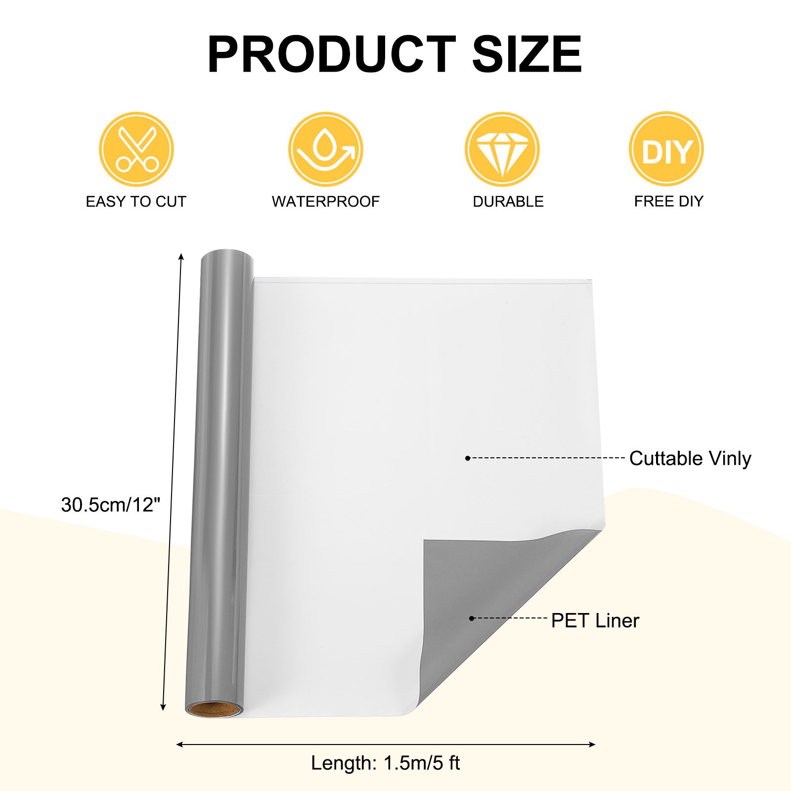 Permanent Grey Vinyl Sticker, 12"" x 5ft Roll for Vinyl