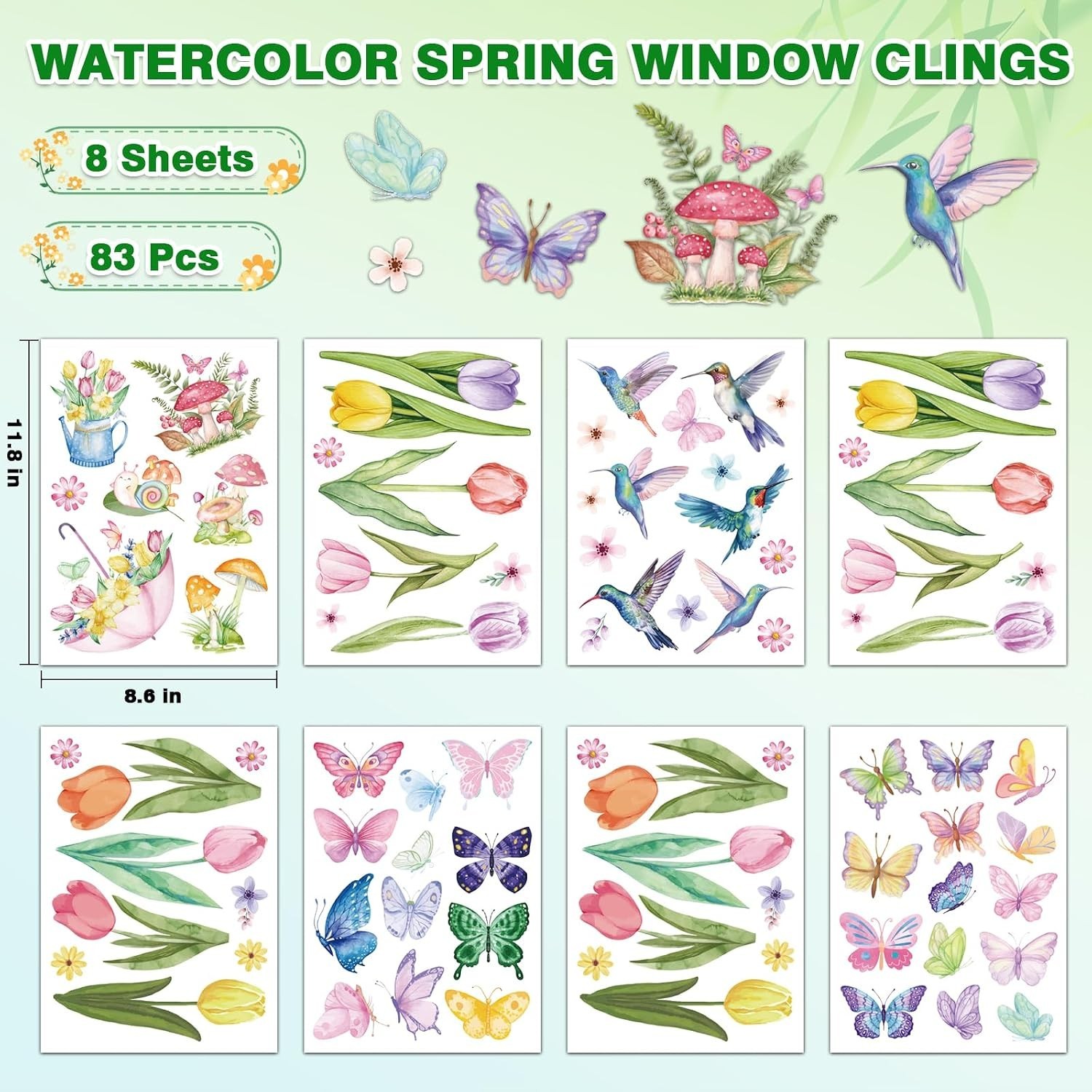 Spring Window Cling Sticker – 83PCS Tulip Butterfly Flower Hummingbirds Windo…
