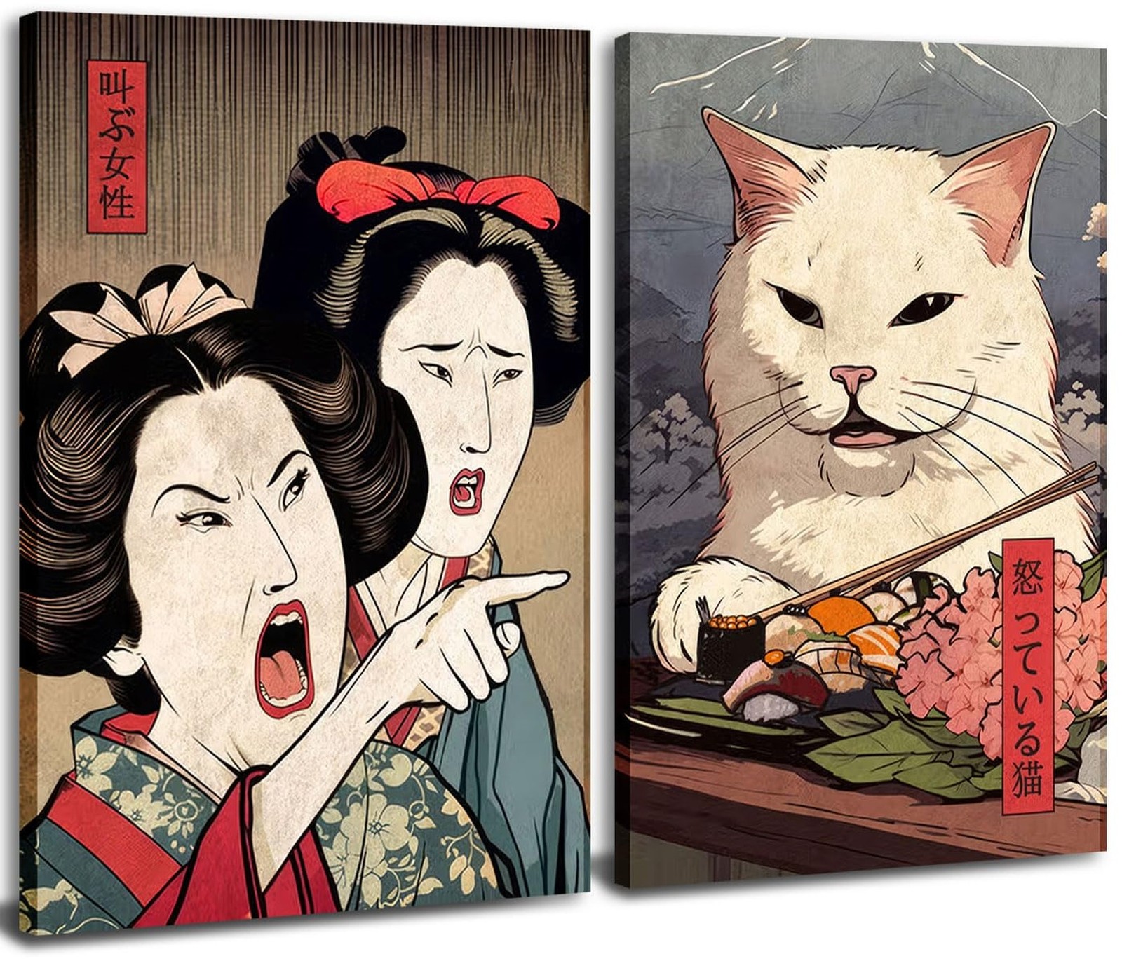 Funny Anime Posters Japanese Decor Set of 2 – Woman Yelling at Cat Canvas Wal…