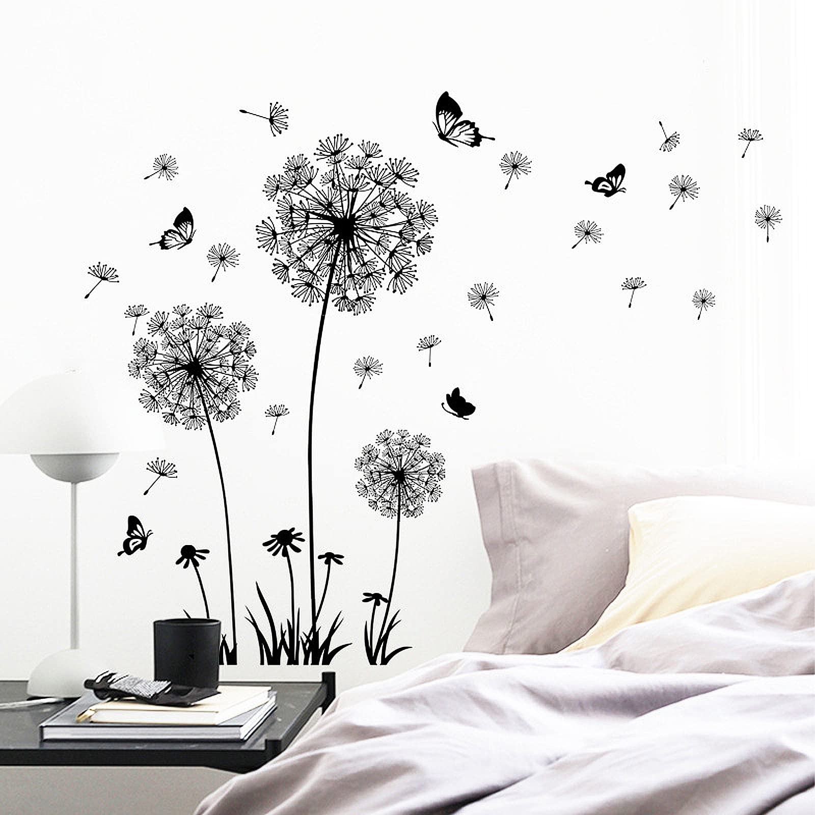 Black and White Dandelion Butterfly Wall Stickers,Creative Peel and Stick Vin…
