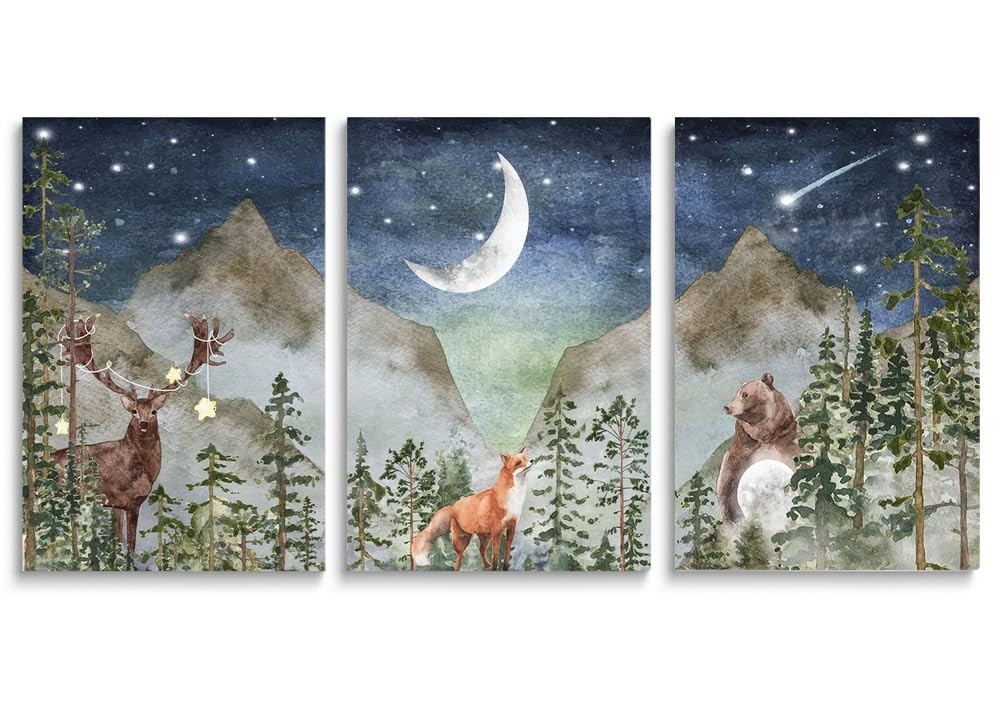 SKYSUKEY Boho Nursery 12 in x 16 (3 Pieces), Dark Blue Star Night Animal