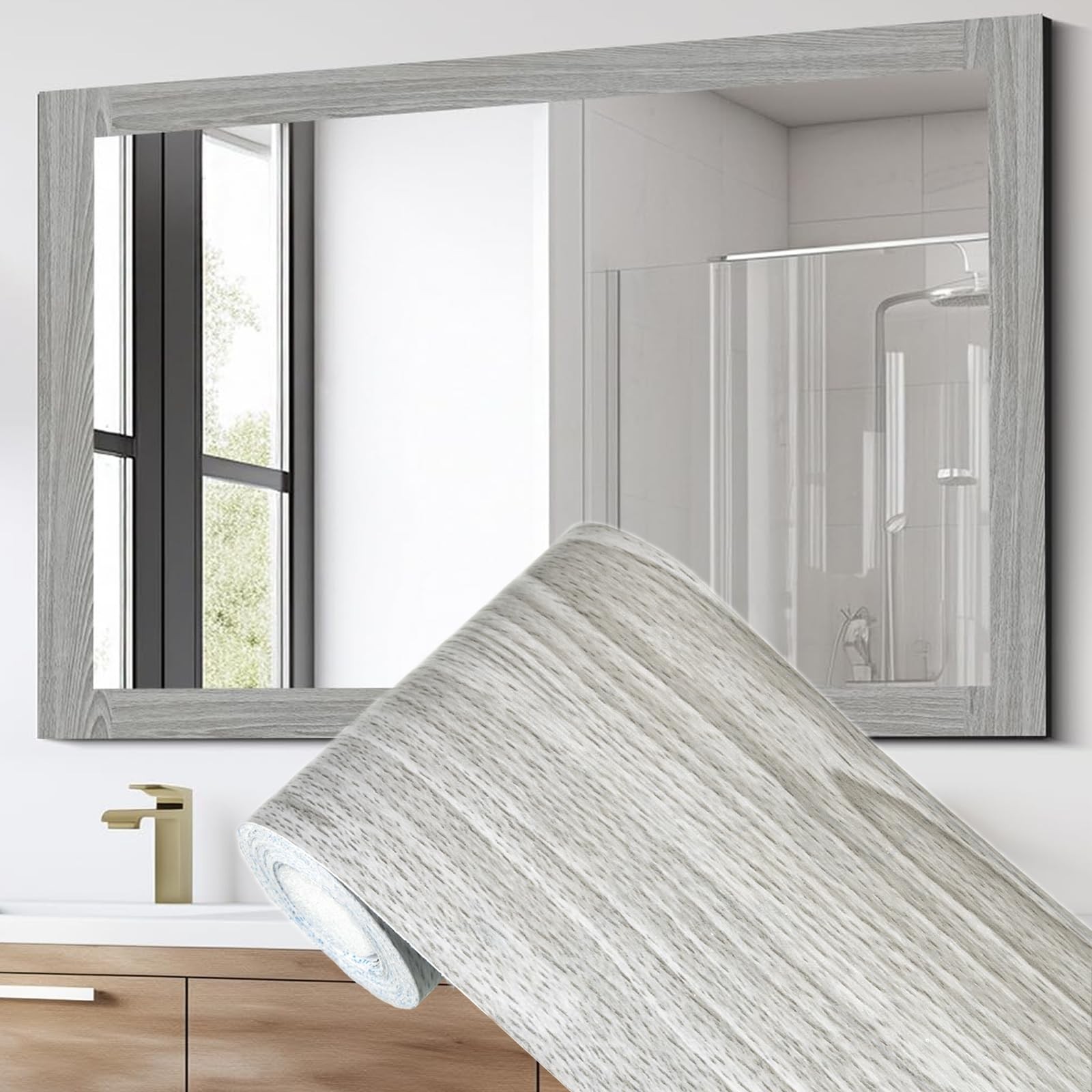 Grey Wood Grain Mirror Border Peel and Stick Wallpaper, Self Adhesive Waterpr…