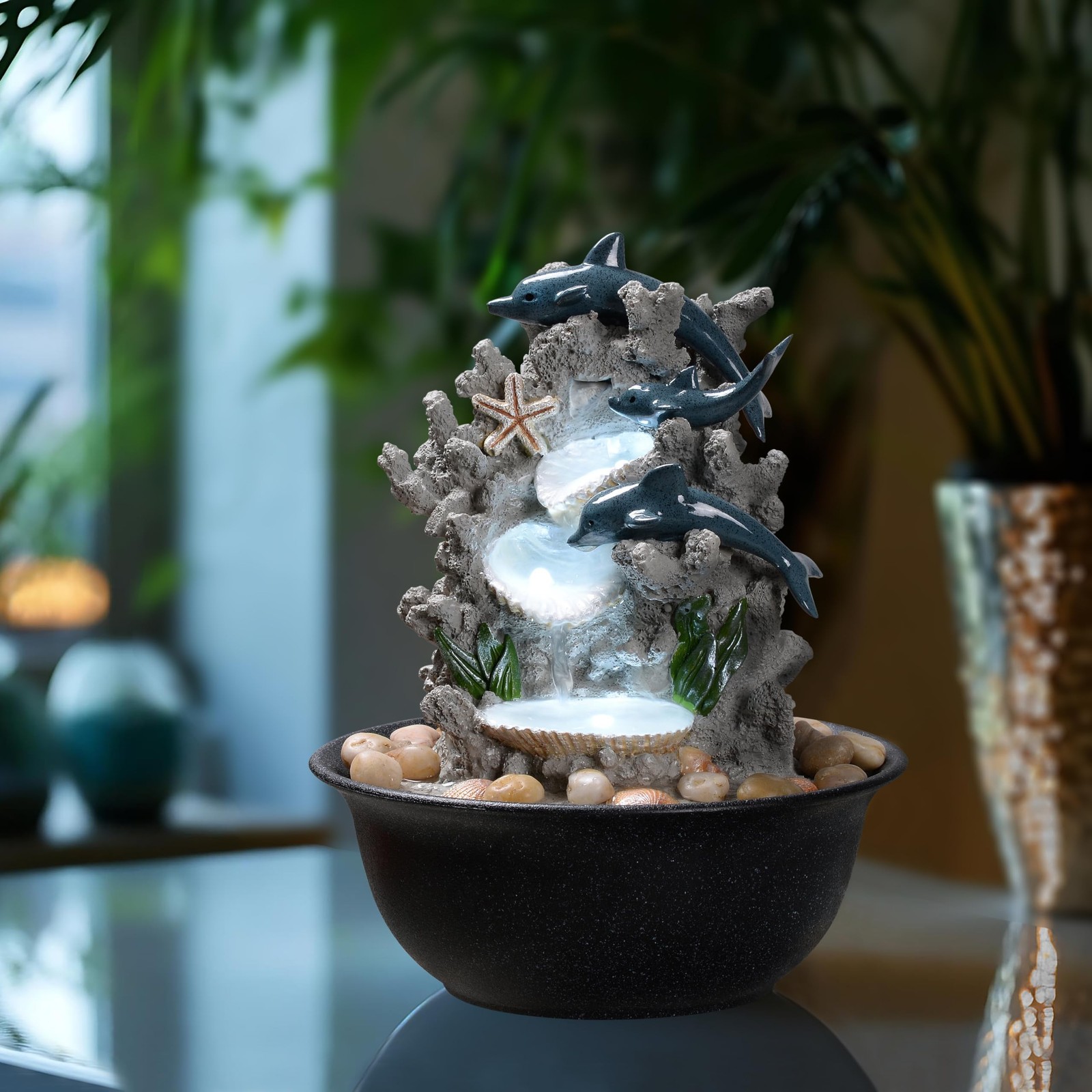 Indoor Tabletop Dolphin Water Fountain with LED Light – Ocean Theme Desk D