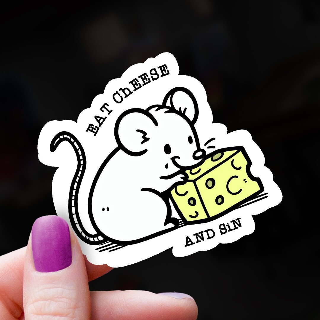 Funny Vinyl Sticker: "Eat Cheese and Sin" Cute Mouse Decal for Water Bottles