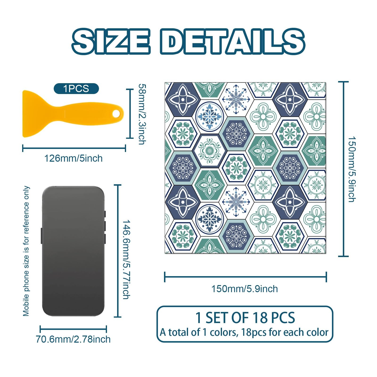 18 Pcs Blue and Green Geometric Patten Tile Sticker 6×6 Inch Bohemian Graphic…