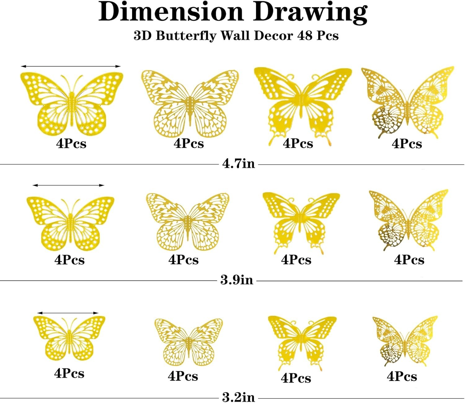 3D Butterfly Wall Decor 48 Pcs 4 Styles 3 Sizes, for Birthday Gold