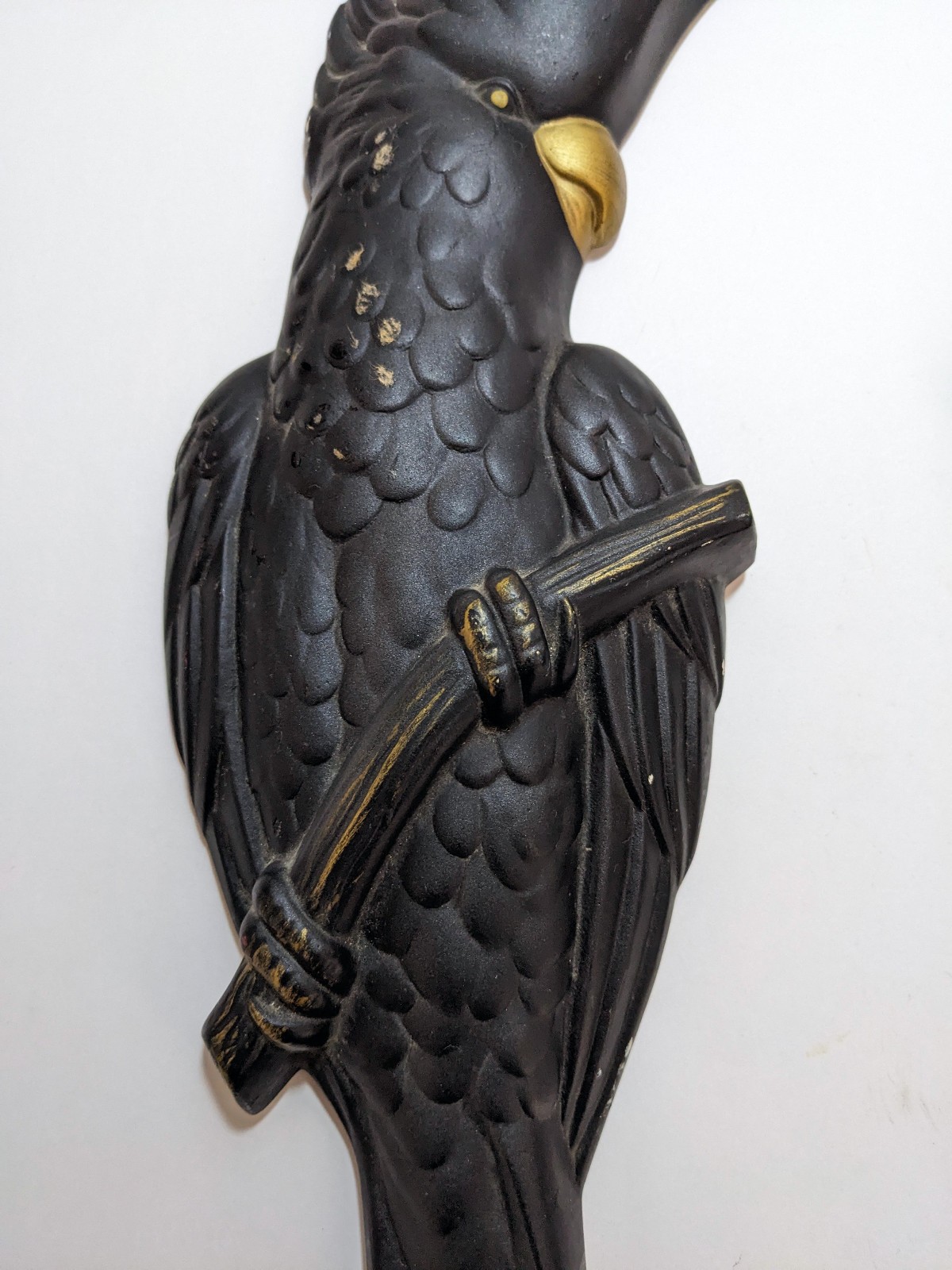 Vtg 1957 Miller Studio Chalkware Cockatoo Wall Plaques Pair Black Gold MCM Birds