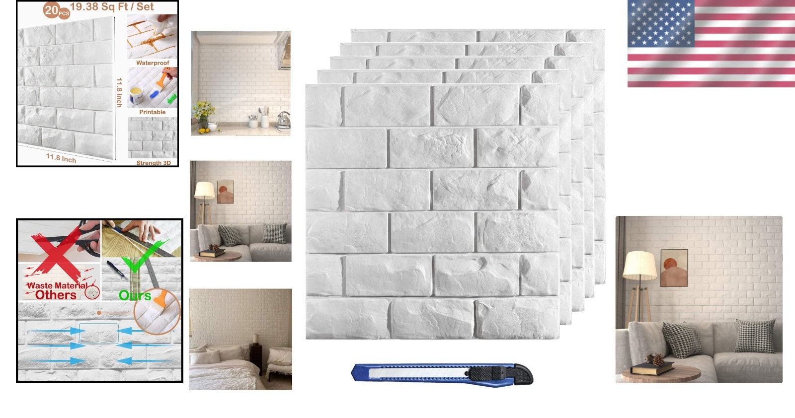 20 Pcs 3D White Brick Wall Panels – Peel & Stick Waterproof Decor, 19.38 sq ft