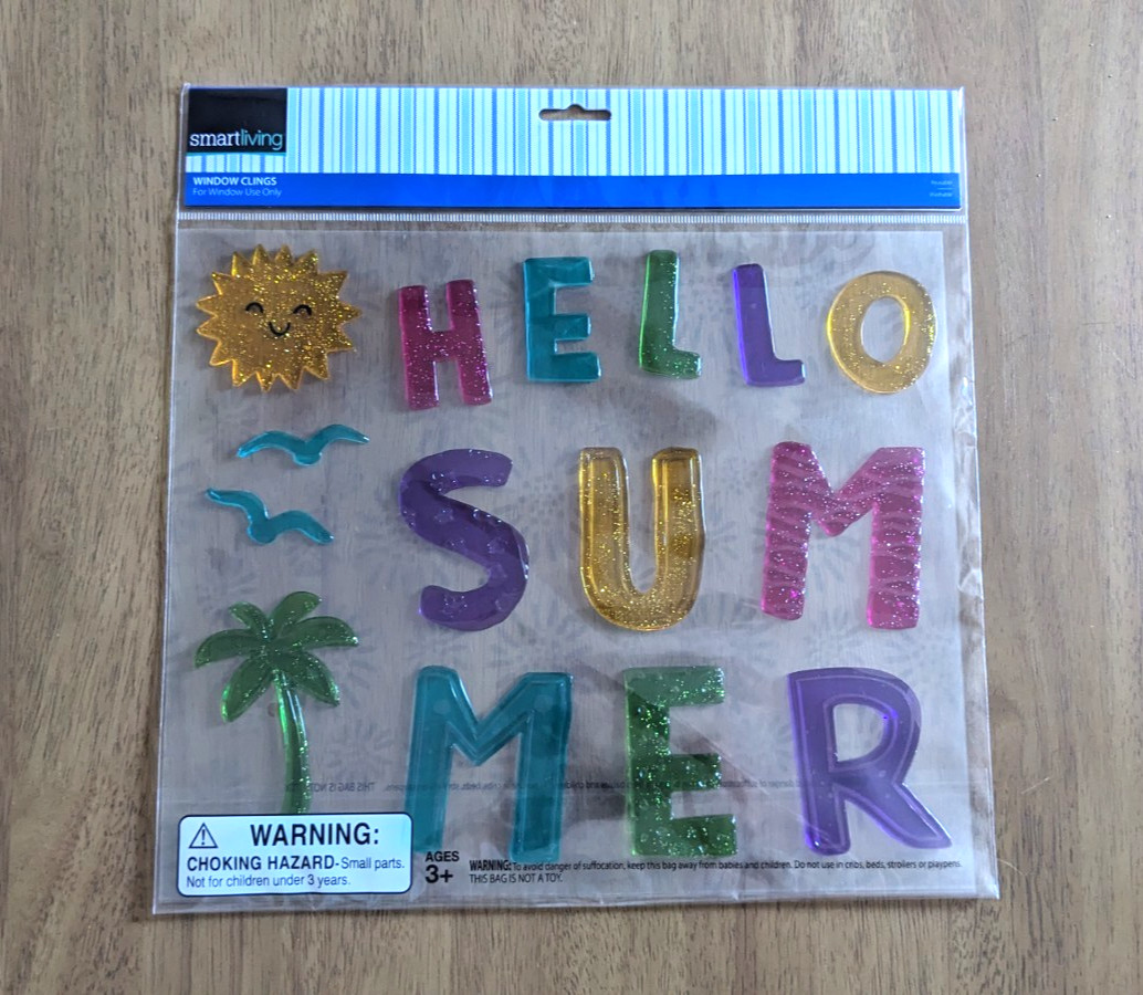 Hello Summer Colorful Window Gel Clings Stickers text palm tree bird sun decor