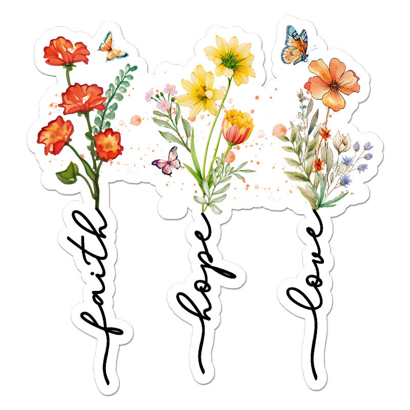 Faith Hope Love Flowers, Vinyl Decal Sticker, Indoor Outdoor, 3 Sizes, #11502