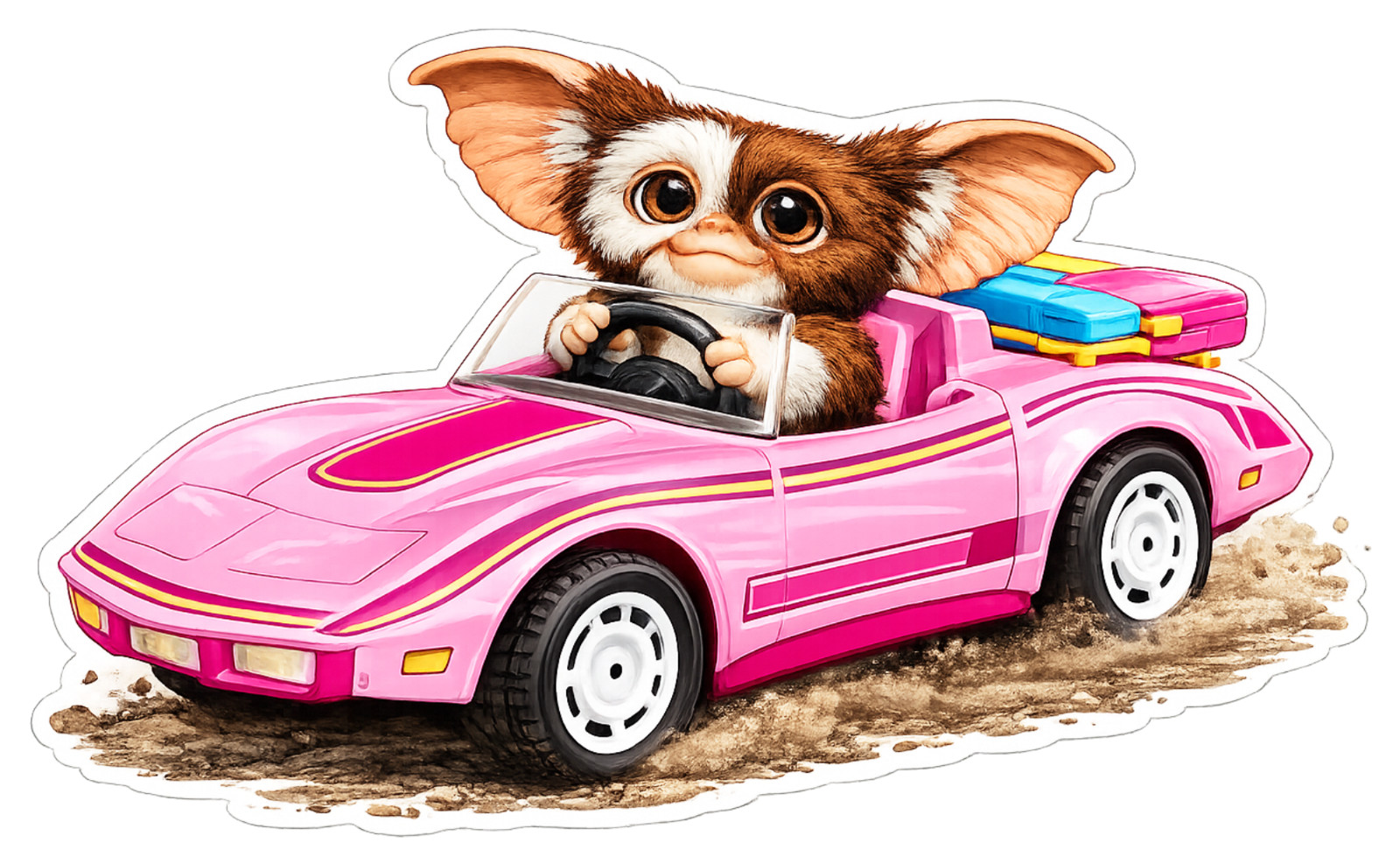 Cute Gizmo Driving pink Corvette Sticker | Fantasy Creature Art Decal