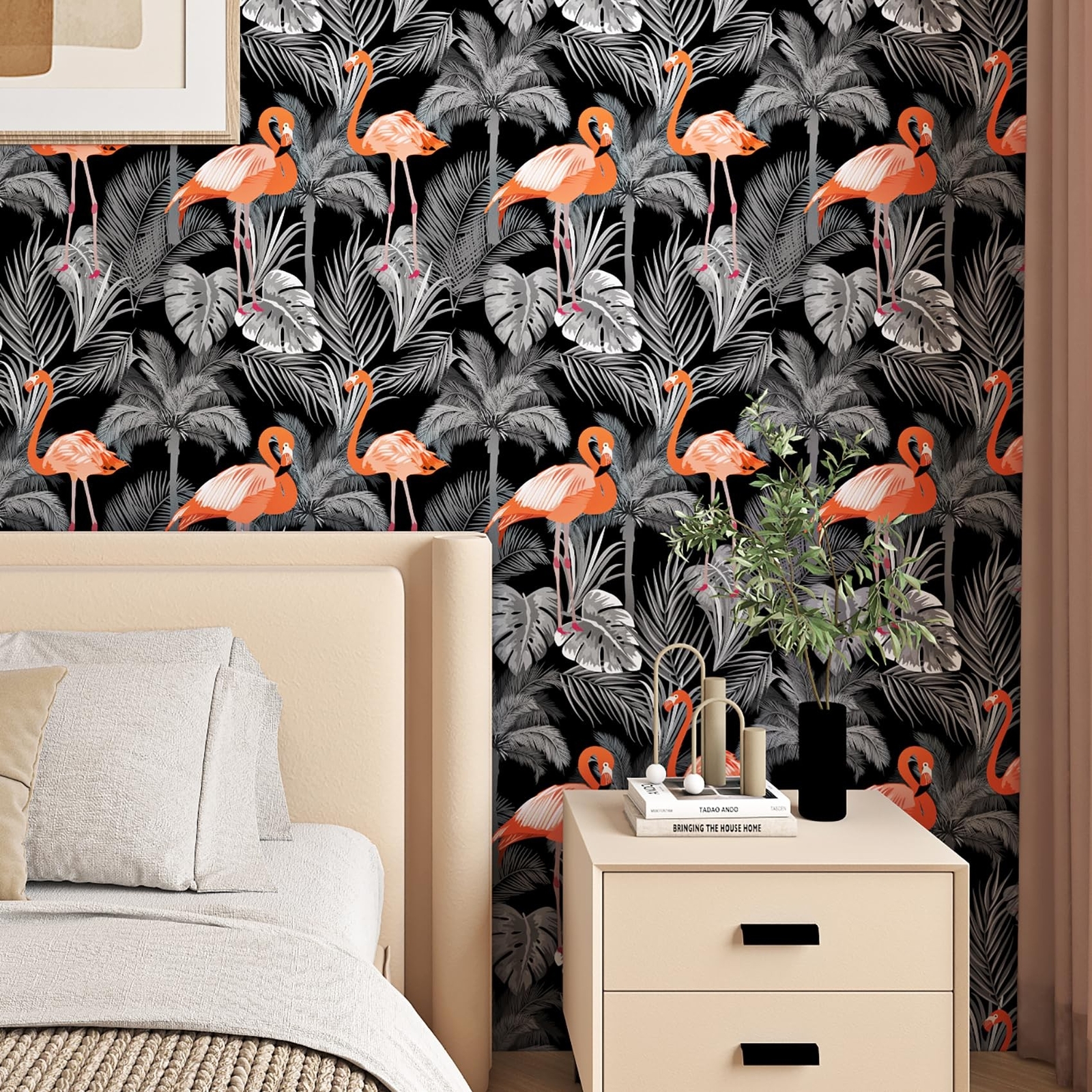 17.5in×23ft Peel and Stick Wallpaper Tropical Dark Grey Leaf Orange Flaming