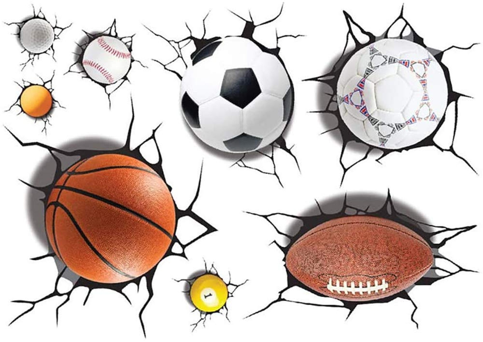 Supzone Sport Balls Wall Decals 3D Wall Stickers Break Through The Wall Remov…