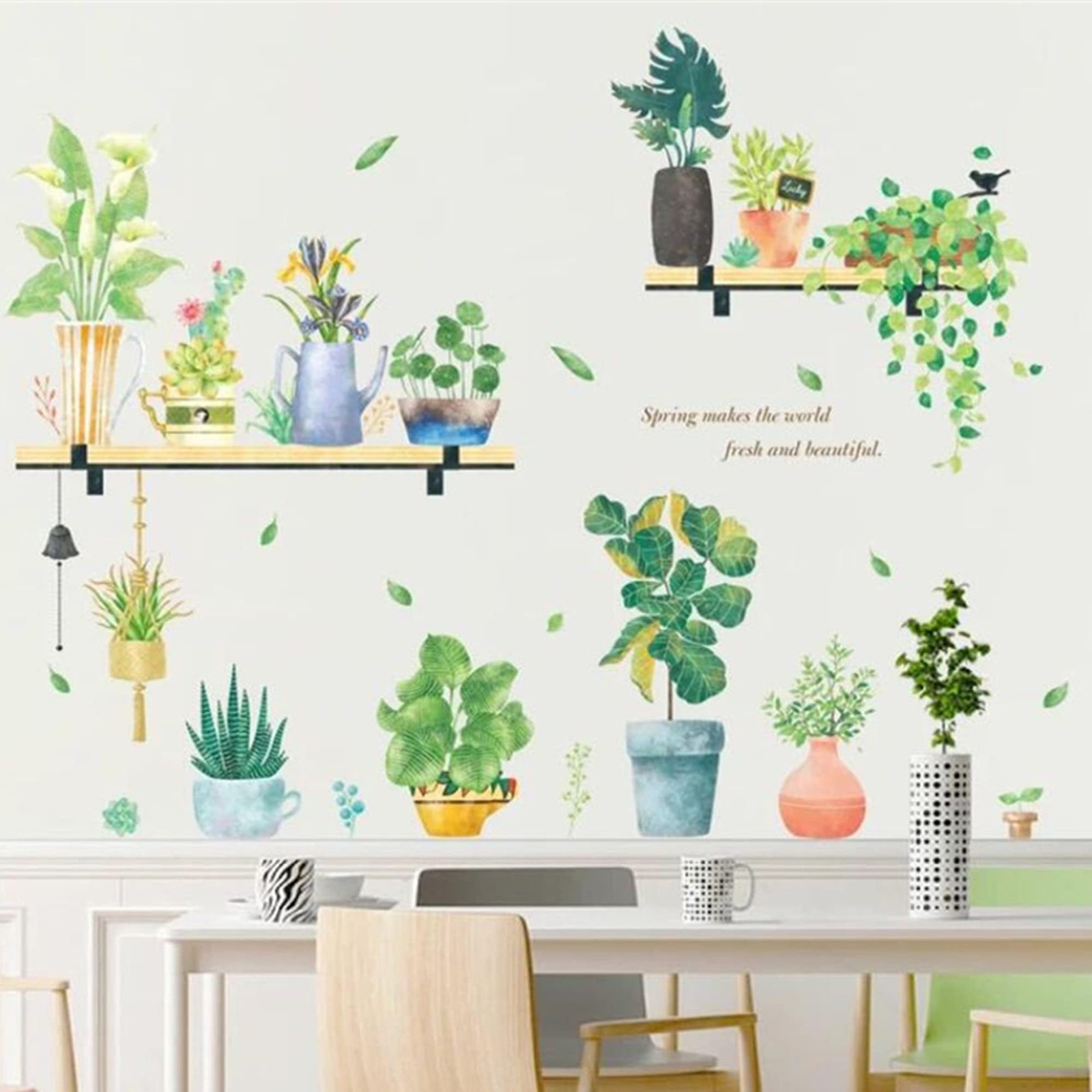 42.9" x 40.2" Shelves Nature Green Potted Tropical Plants Leaves PVC Wall S…