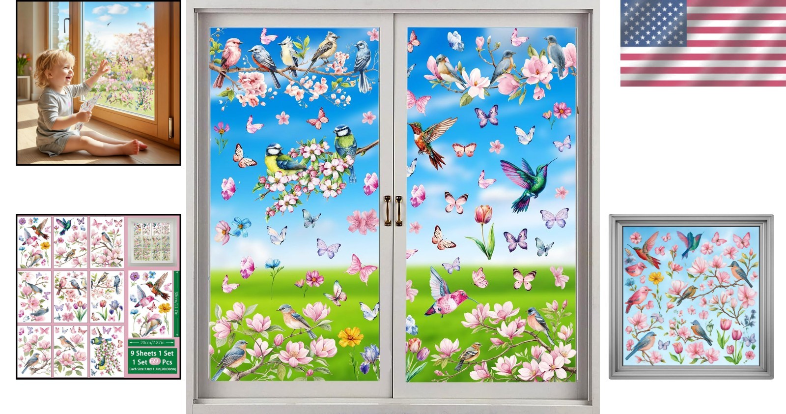 Spring Window Cling Sticker – 78PCS Tulip Butterfly Flower Hummingbirds Windo…