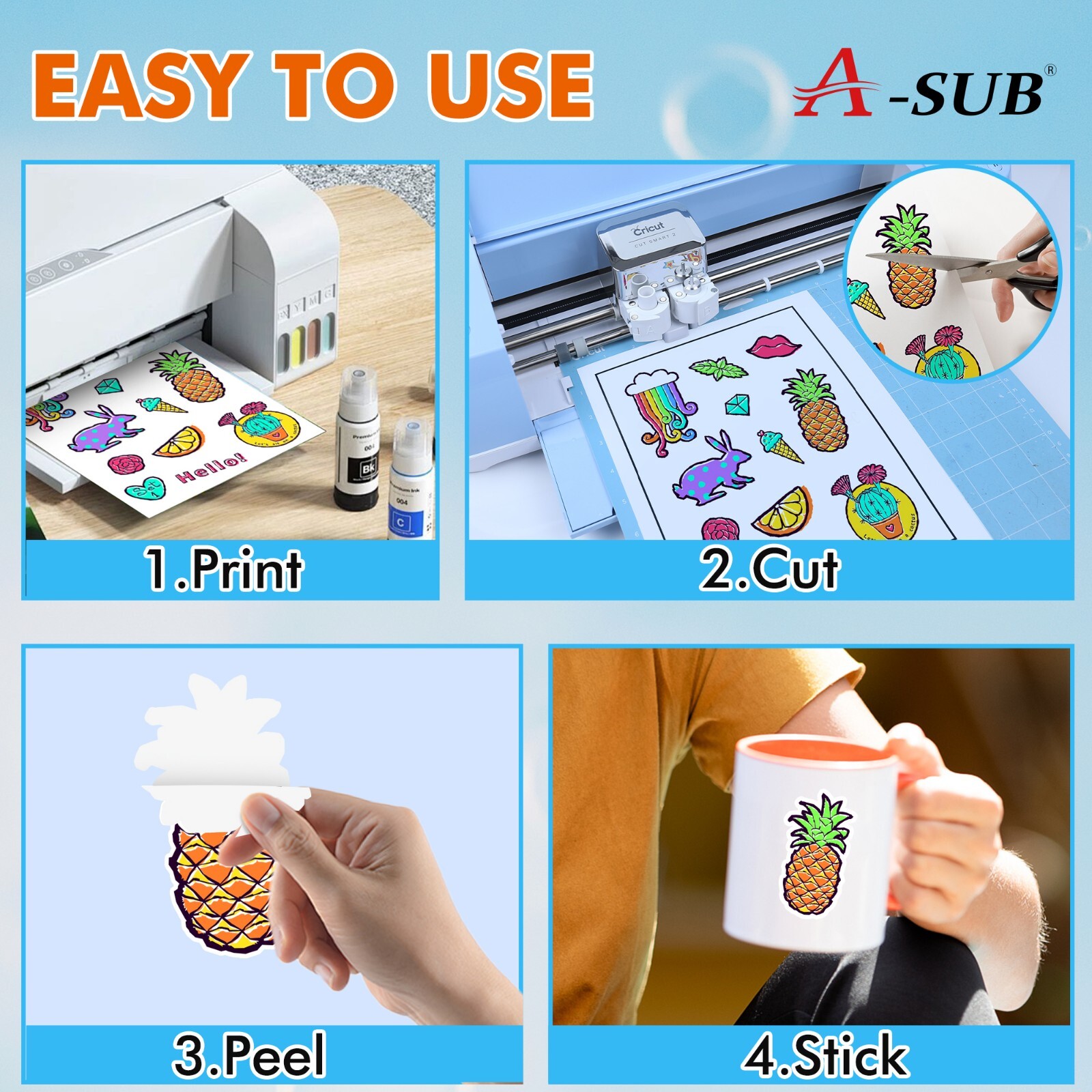 A-SUB Printable Vinyl Sticker Paper Glossy White 100 Sheet 8.5×11 Inkjet Printer
