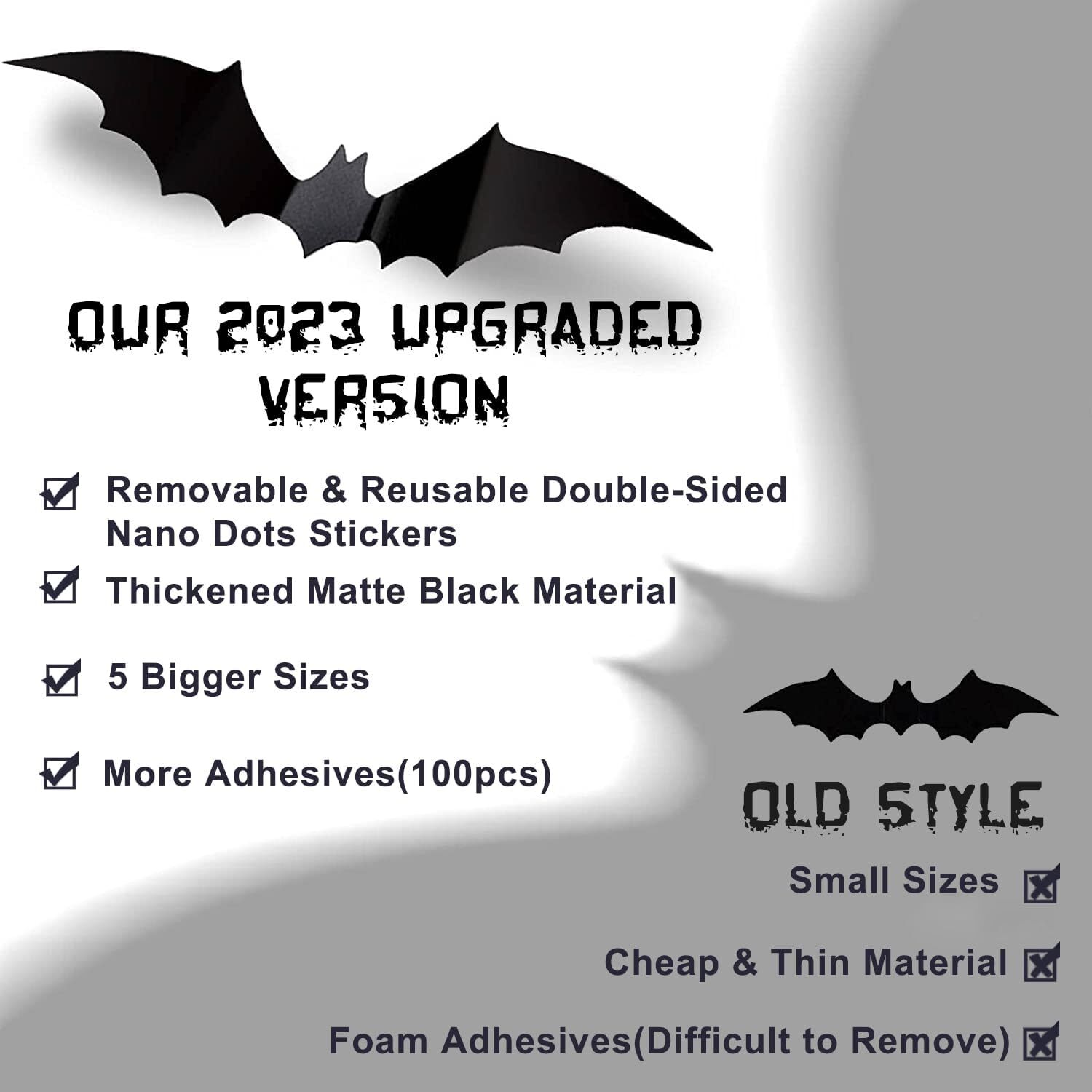 Halloween 3D Bats Wall Decor – 70 Pcs 5 Different Sizes Matte 70 PCS, Black