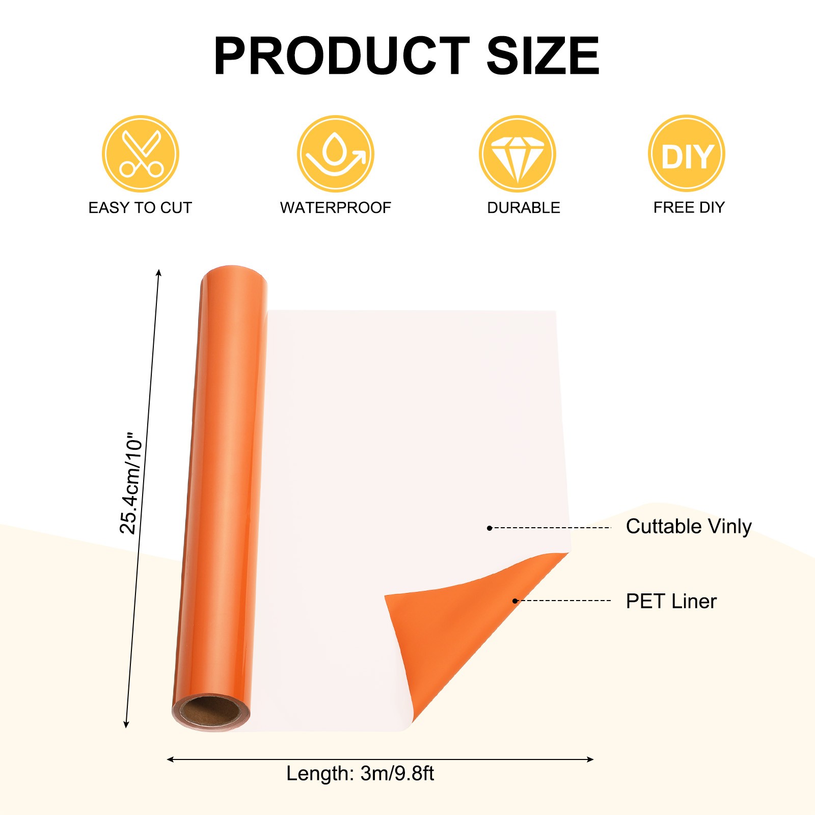 Orange Permanent Vinyl, 10 Inch x 9.8ft Vinyl Roll
