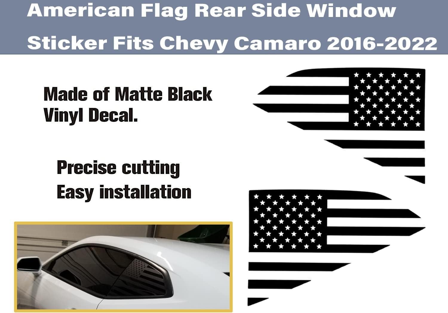Rear Side Quarter Window American Flag Decal for Chevy Camaro 2016-2022, Black