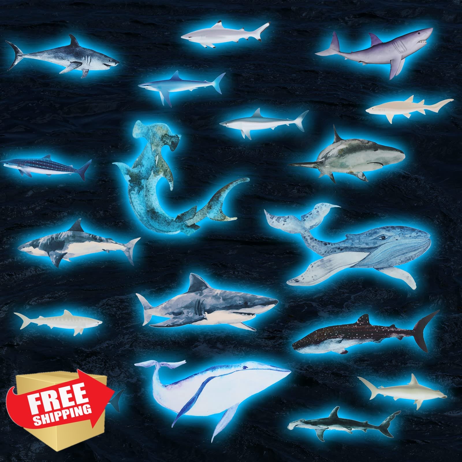 18pcs Glow Shark Wall Decals Removable Nursery Decor Stickers