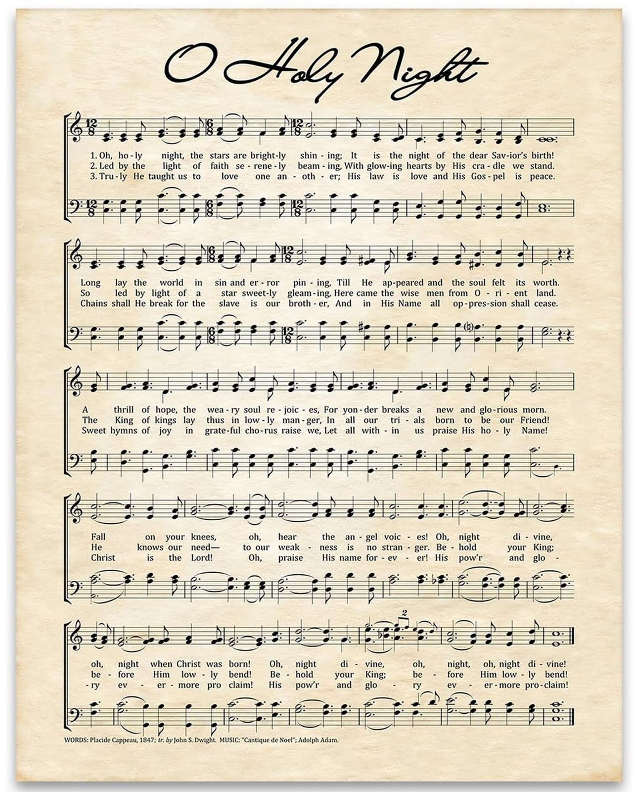 Vintage O Holy Night Music Sheet Poster – Antique Christmas Carol Wall Art De…