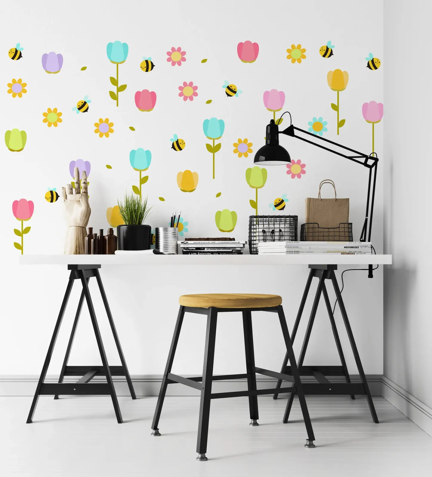 Flower wall decals Decor Cute Bee Tulip Floral Home decor Nursery Kawaii LF025